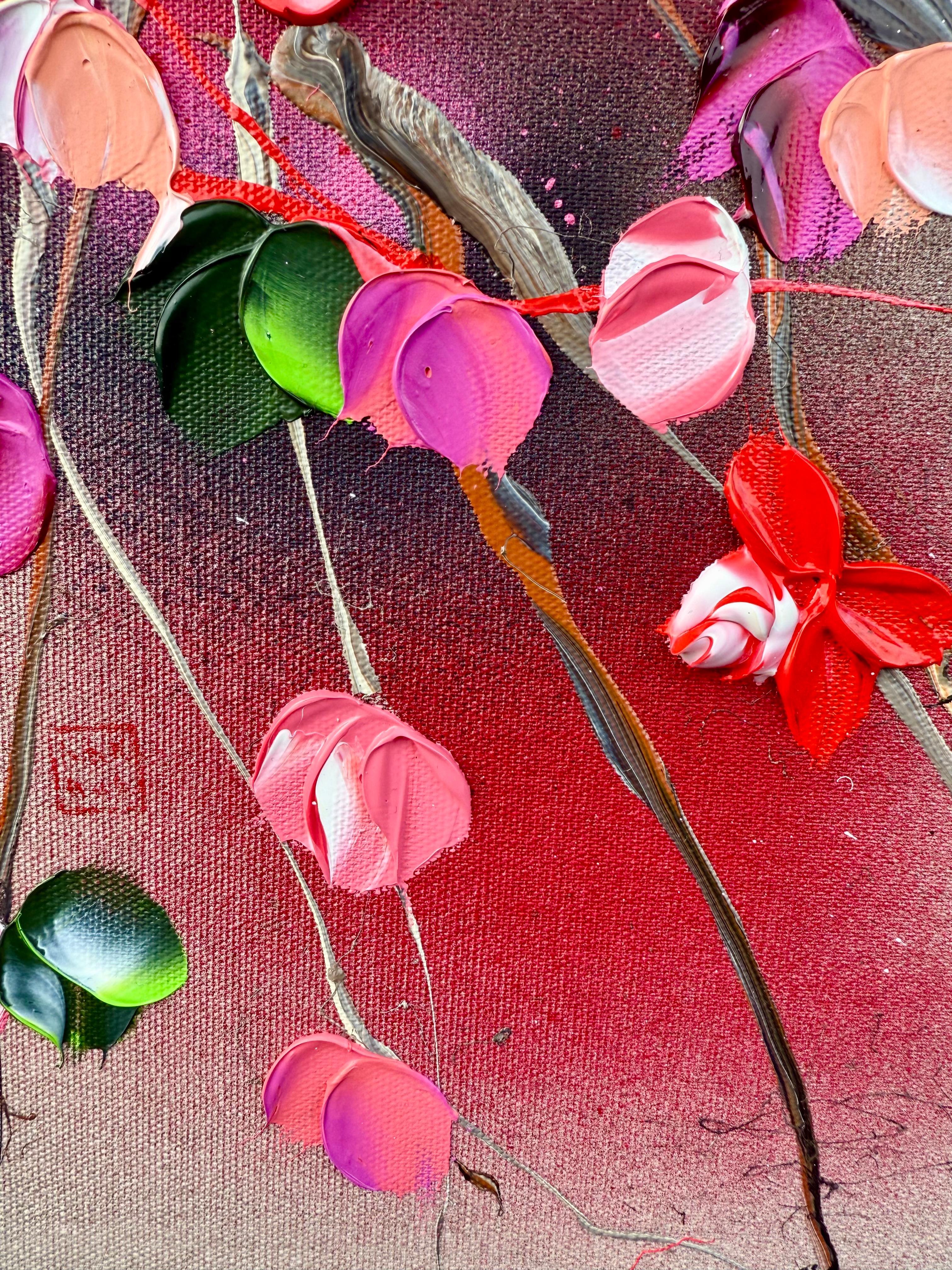 Zen Blossoms - rose quadrate colorate e originali  dipinto asiatico su tela in vendita 8