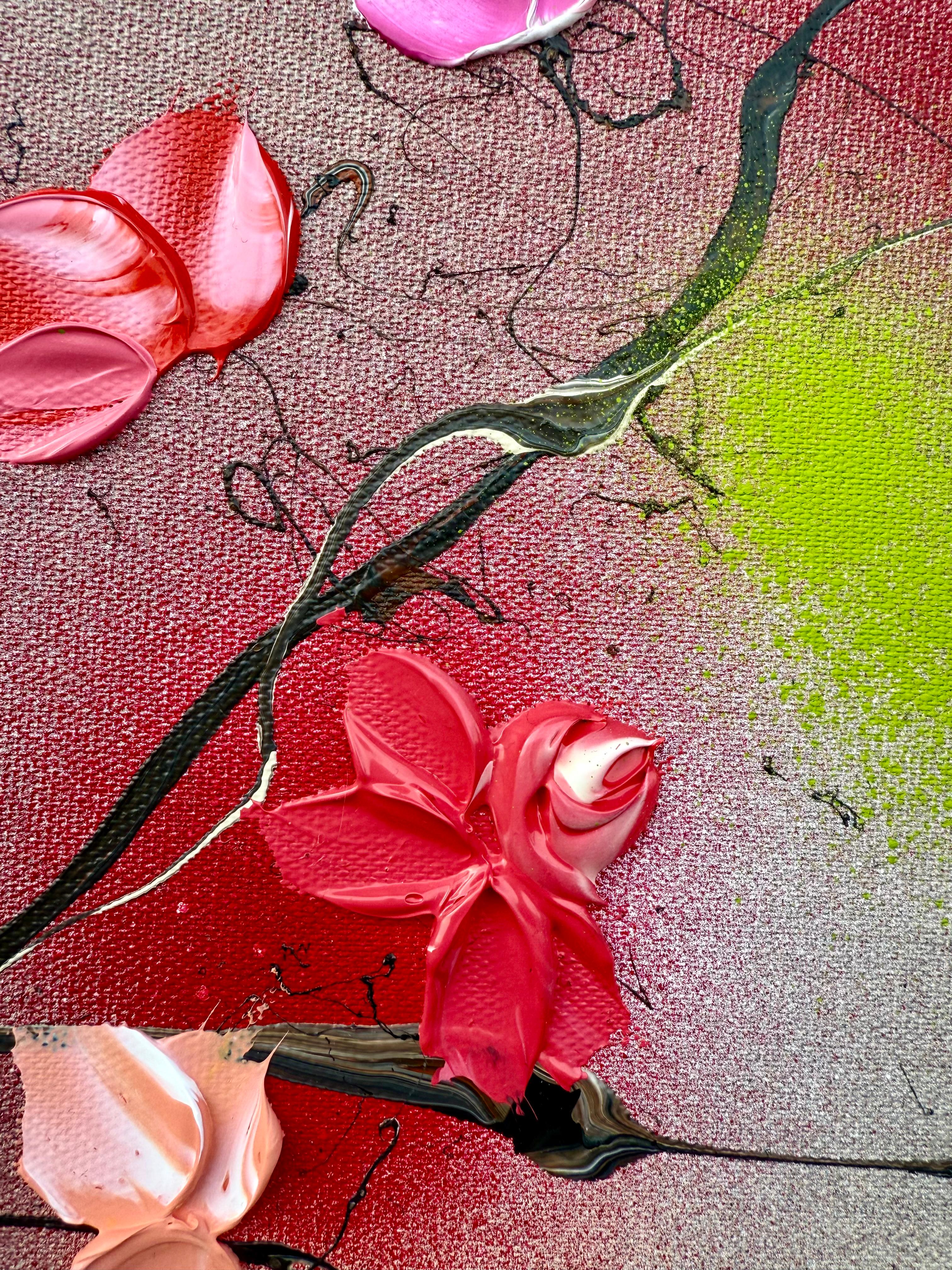 Zen Blossoms - rose quadrate colorate e originali  dipinto asiatico su tela in vendita 9
