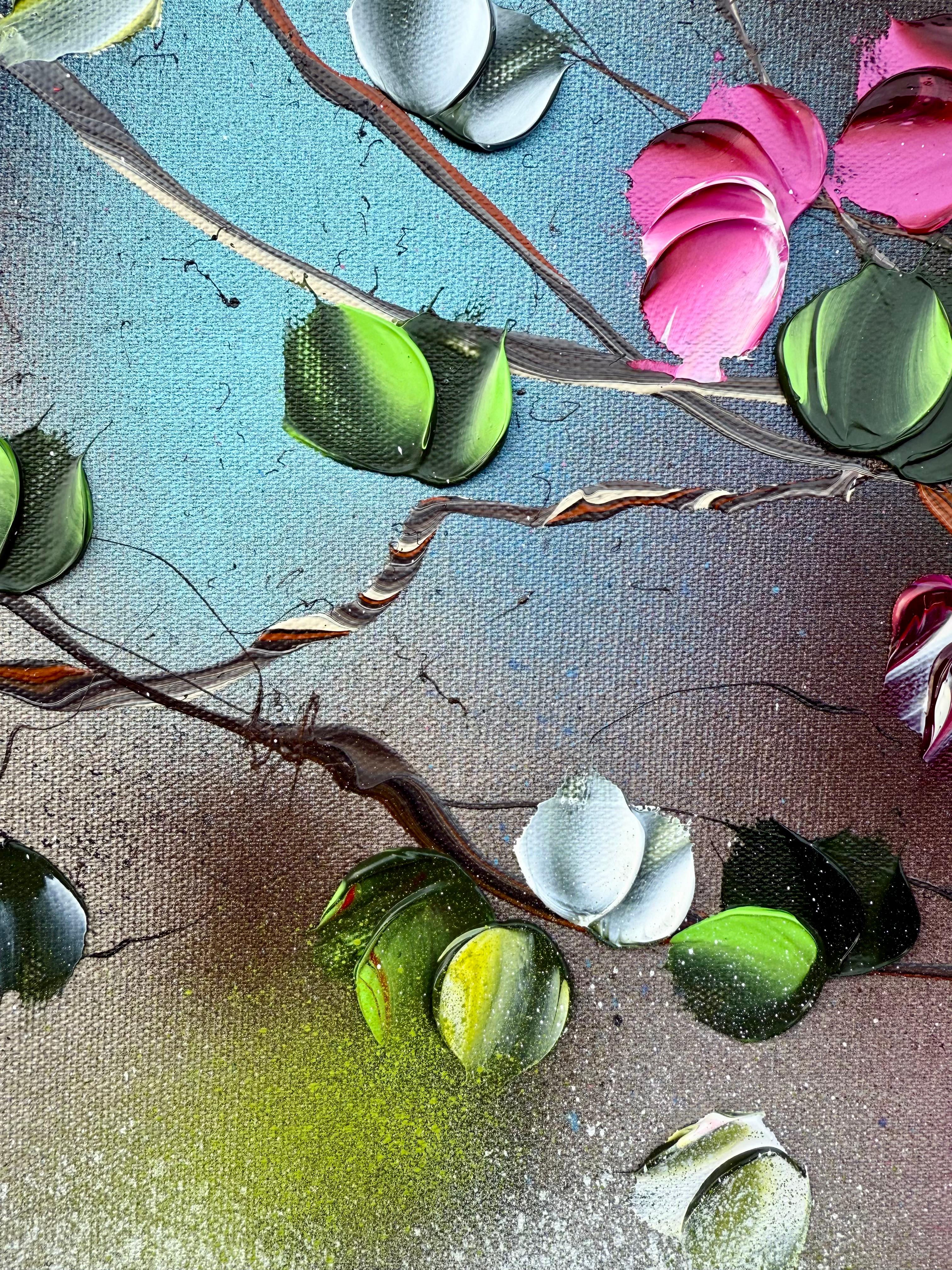 Zen Blossoms - rose quadrate colorate e originali  dipinto asiatico su tela - Painting di Anastassia Skopp
