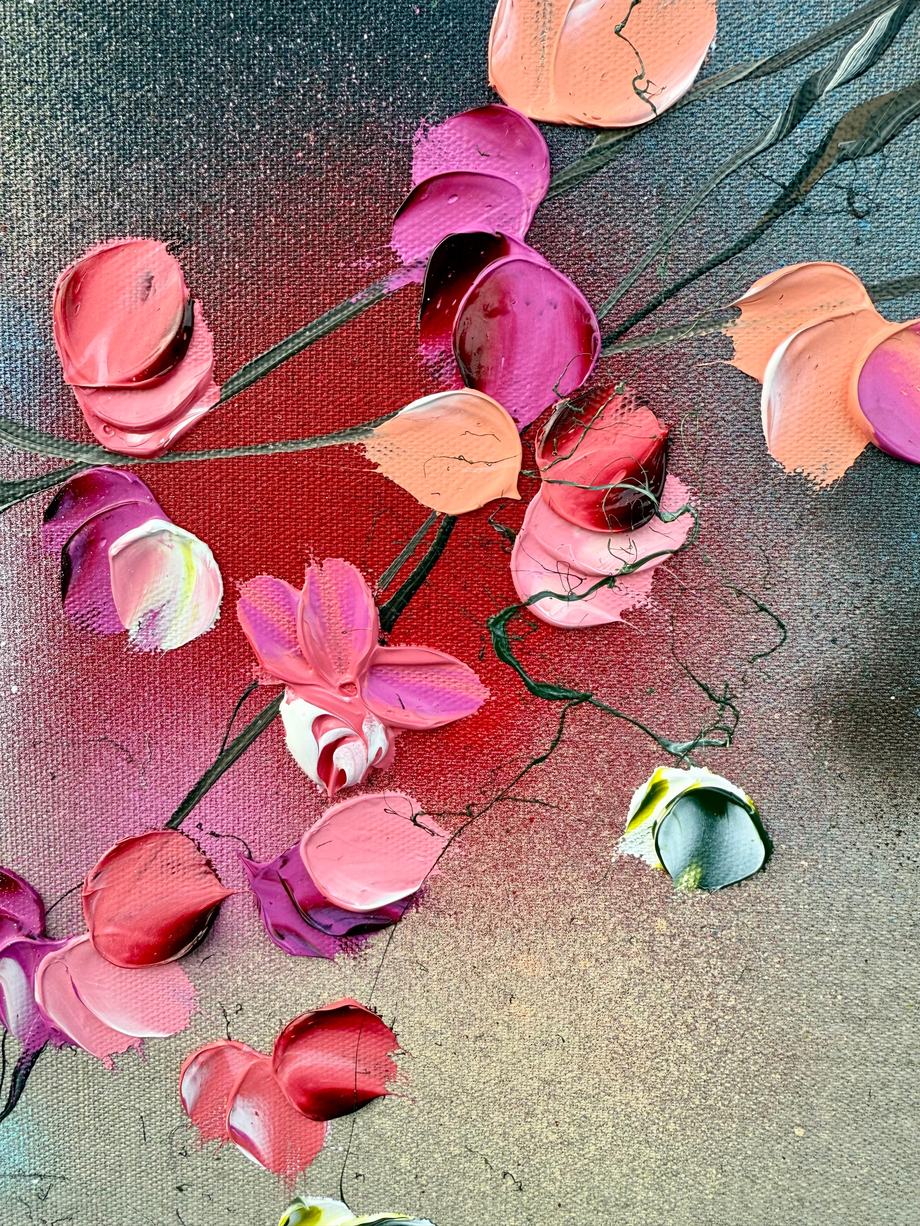 Zen Blossoms - rose quadrate colorate e originali  dipinto asiatico su tela - Interior Painting Grigio di Anastassia Skopp