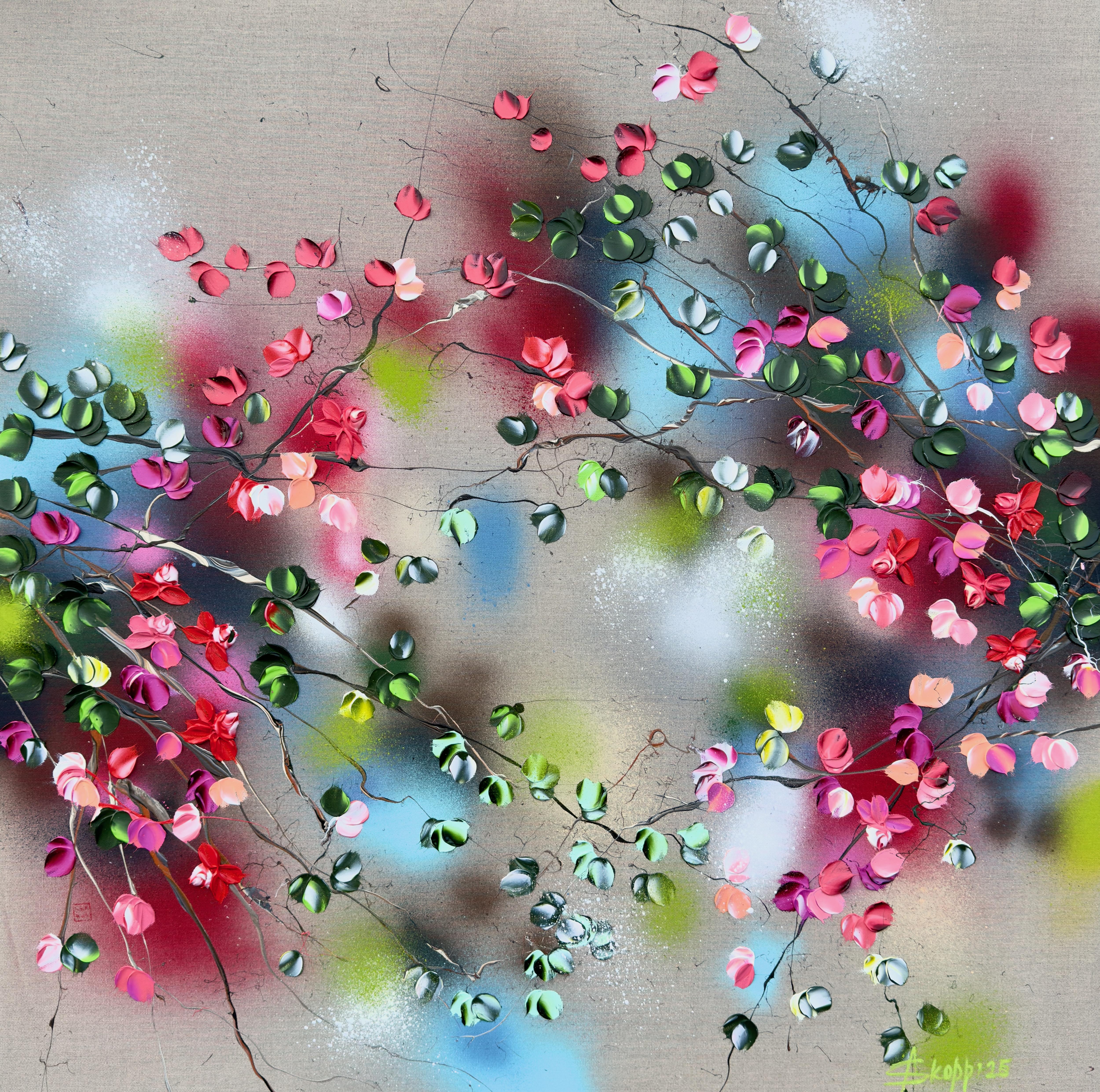 Flores Zen - coloridas rosas cuadradas originales  pintura asiática texturizada sobre lienzo