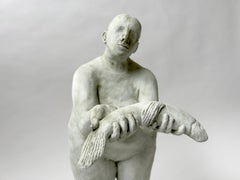 Escultura figurativa de gres: '¡He pescado un pez, he pescado un pez!