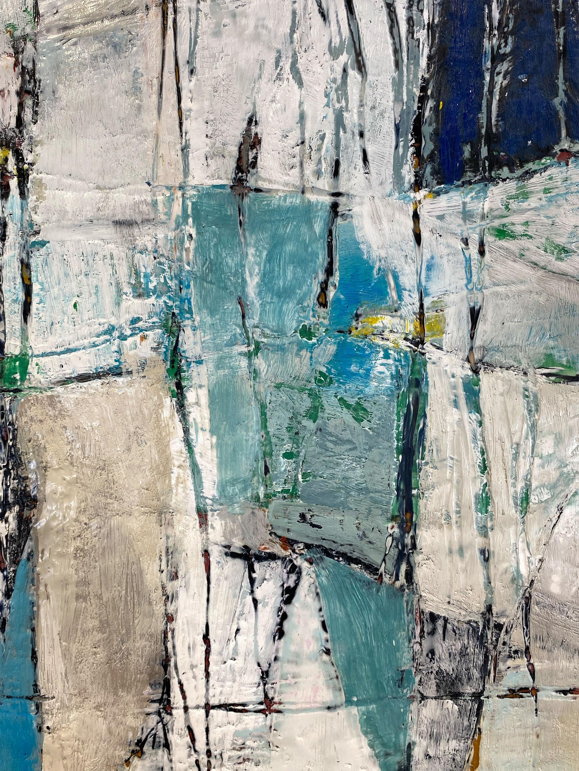 Coastal Walks, soft green and white encaustic painting - Abstract Painting by Anastessia Bettas