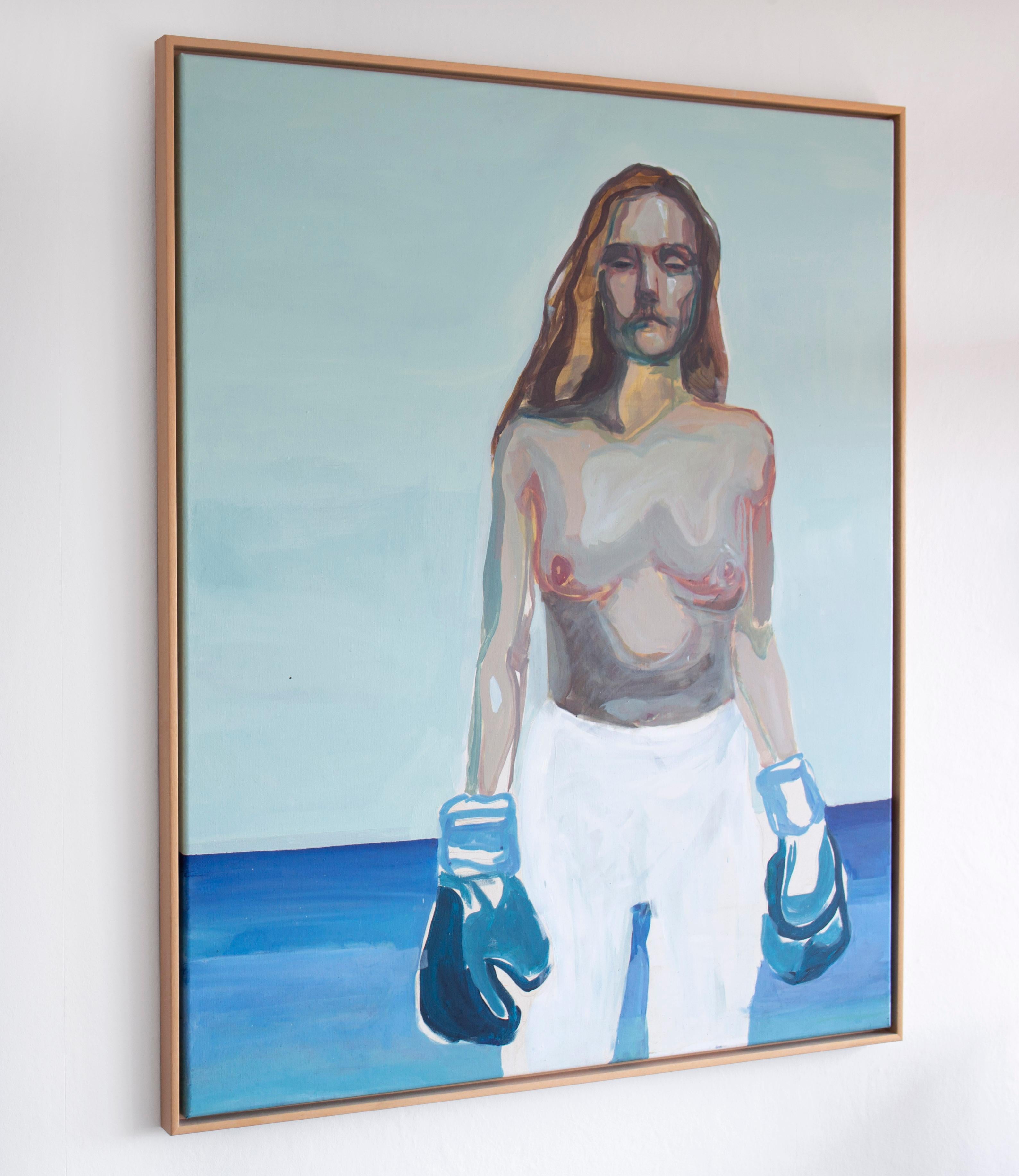 Ta meg i mot - Peinture à l'huile figurative, femme sans haut avec gants de boxe bleus  - Painting de Anastína Eyjólfsdóttir
