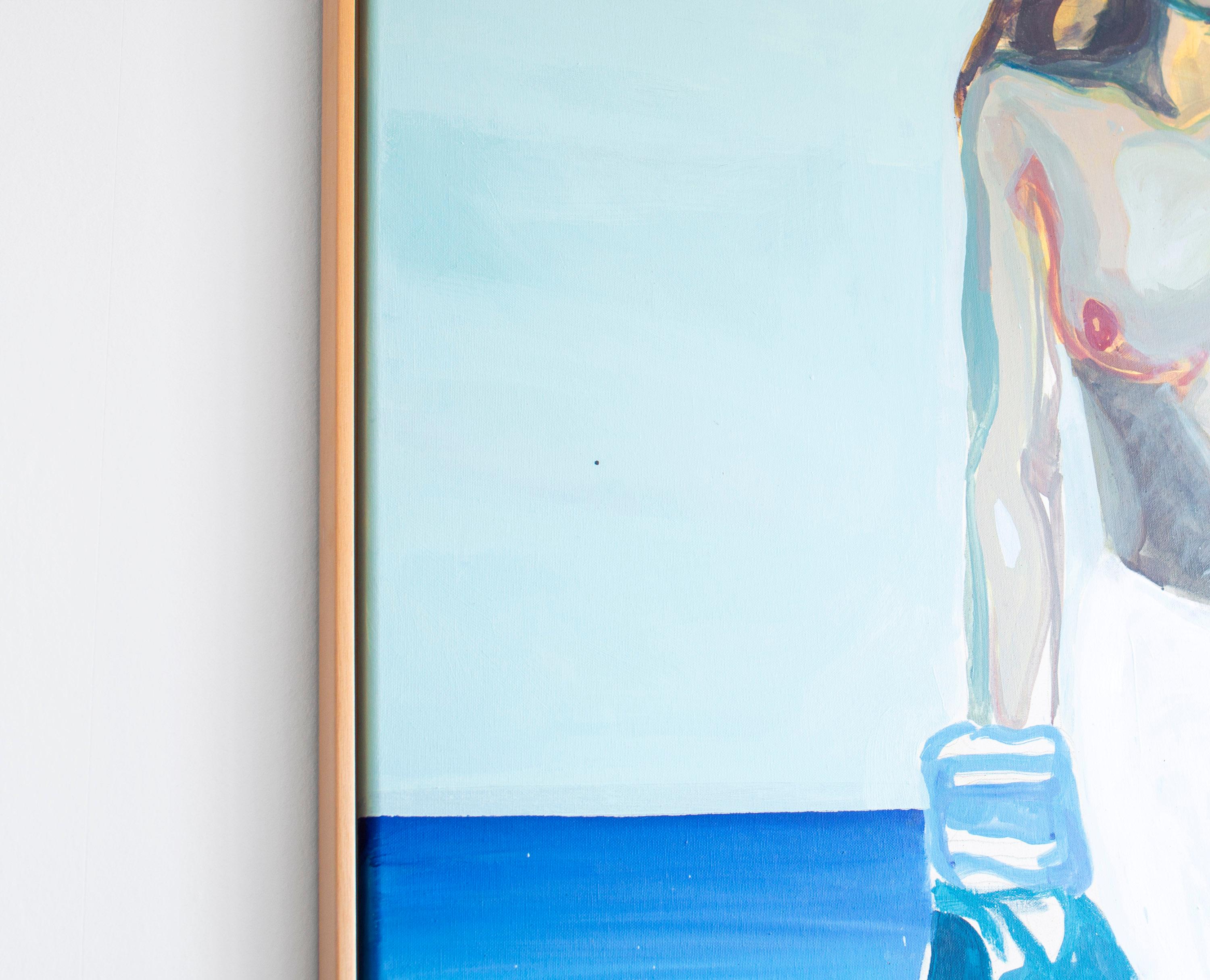Ta meg i mot - Peinture à l'huile figurative, femme sans haut avec gants de boxe bleus  - Contemporain Painting par Anastína Eyjólfsdóttir
