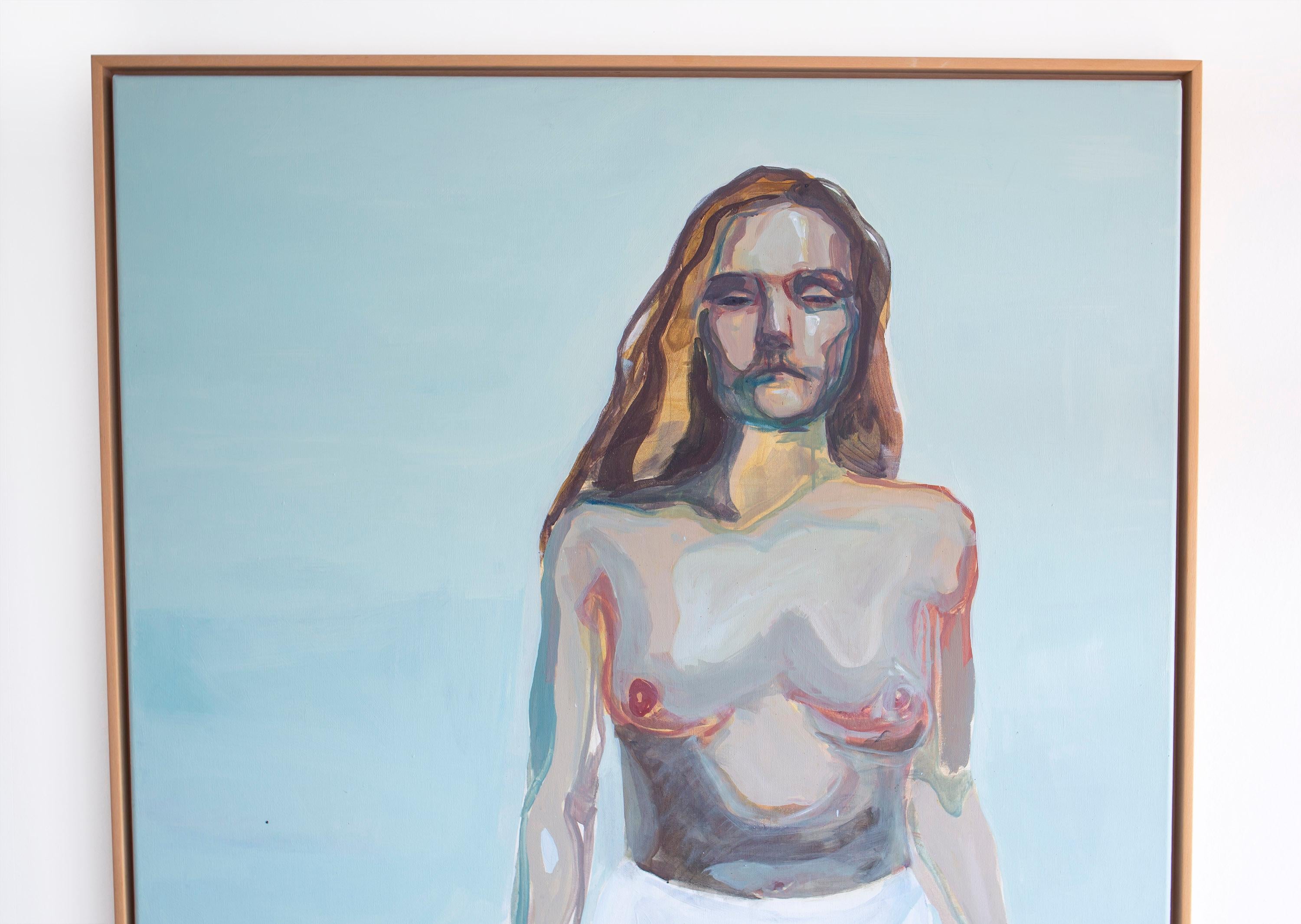 Ta meg i mot - Peinture à l'huile figurative, femme sans haut avec gants de boxe bleus  - Gris Figurative Painting par Anastína Eyjólfsdóttir