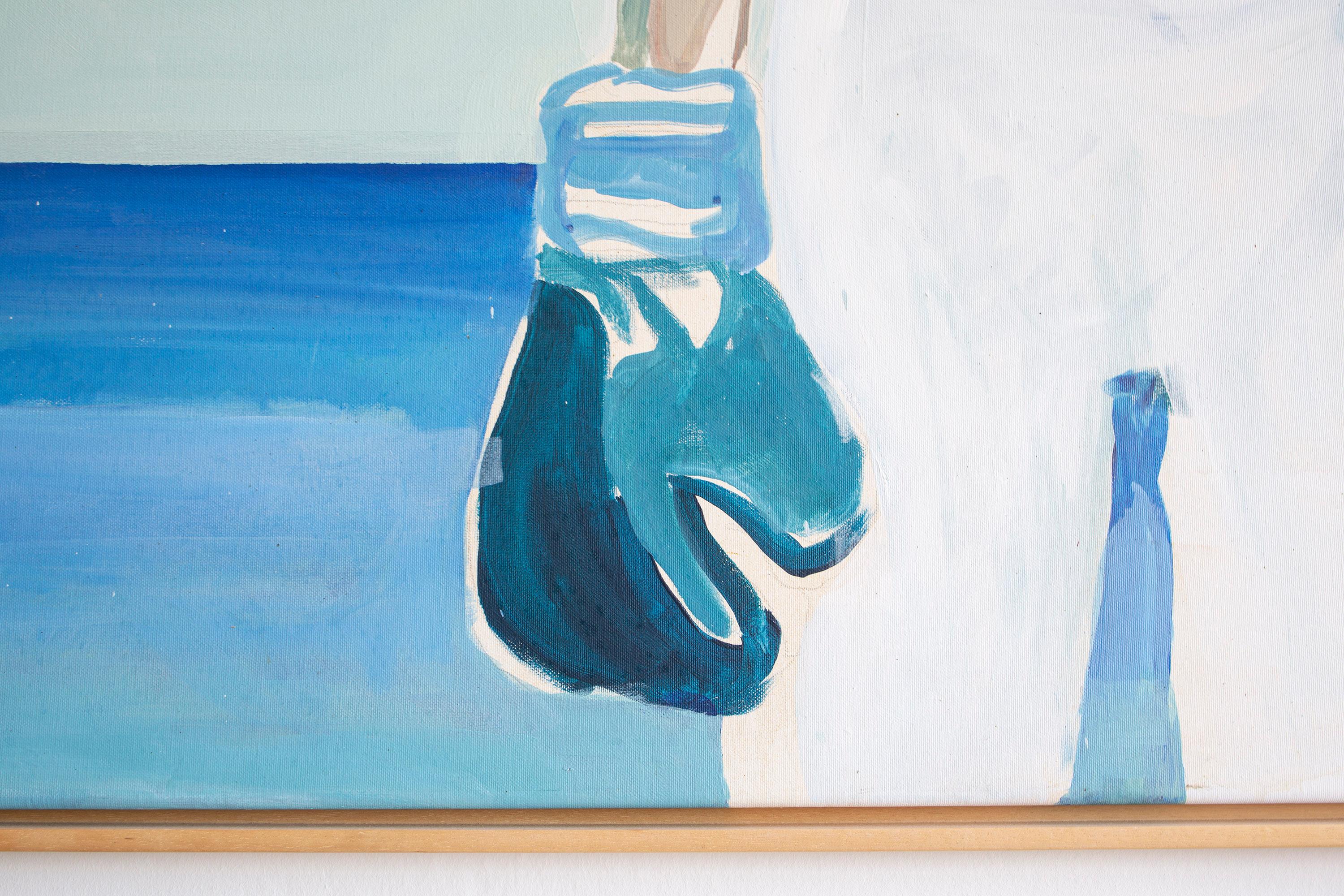 Ta meg i mot - Peinture à l'huile figurative, femme sans haut avec gants de boxe bleus  en vente 1