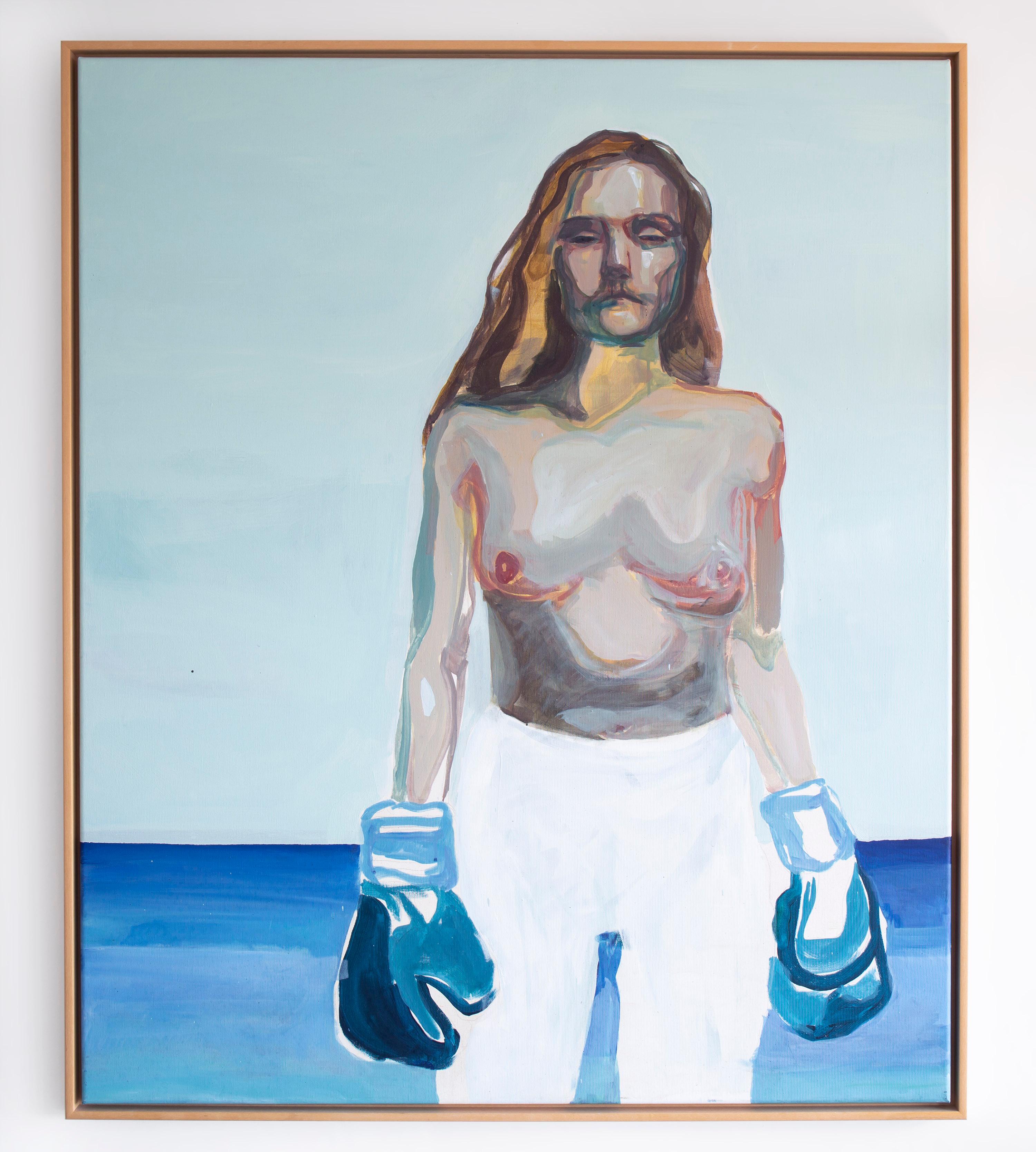 Ta meg i mot - Peinture à l'huile figurative, femme sans haut avec gants de boxe bleus  en vente 2