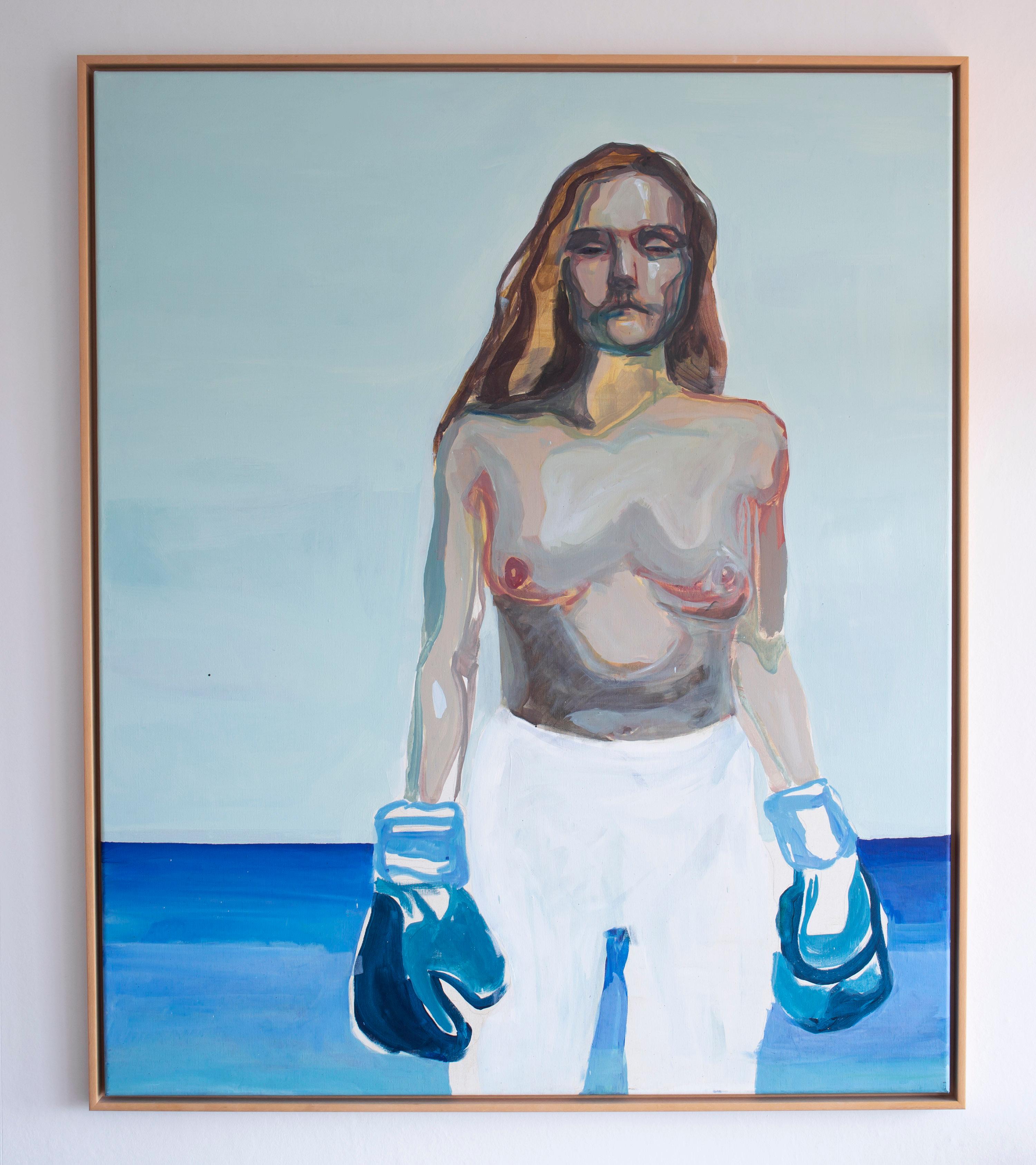 Ta meg i mot - Peinture à l'huile figurative, femme sans haut avec gants de boxe bleus 