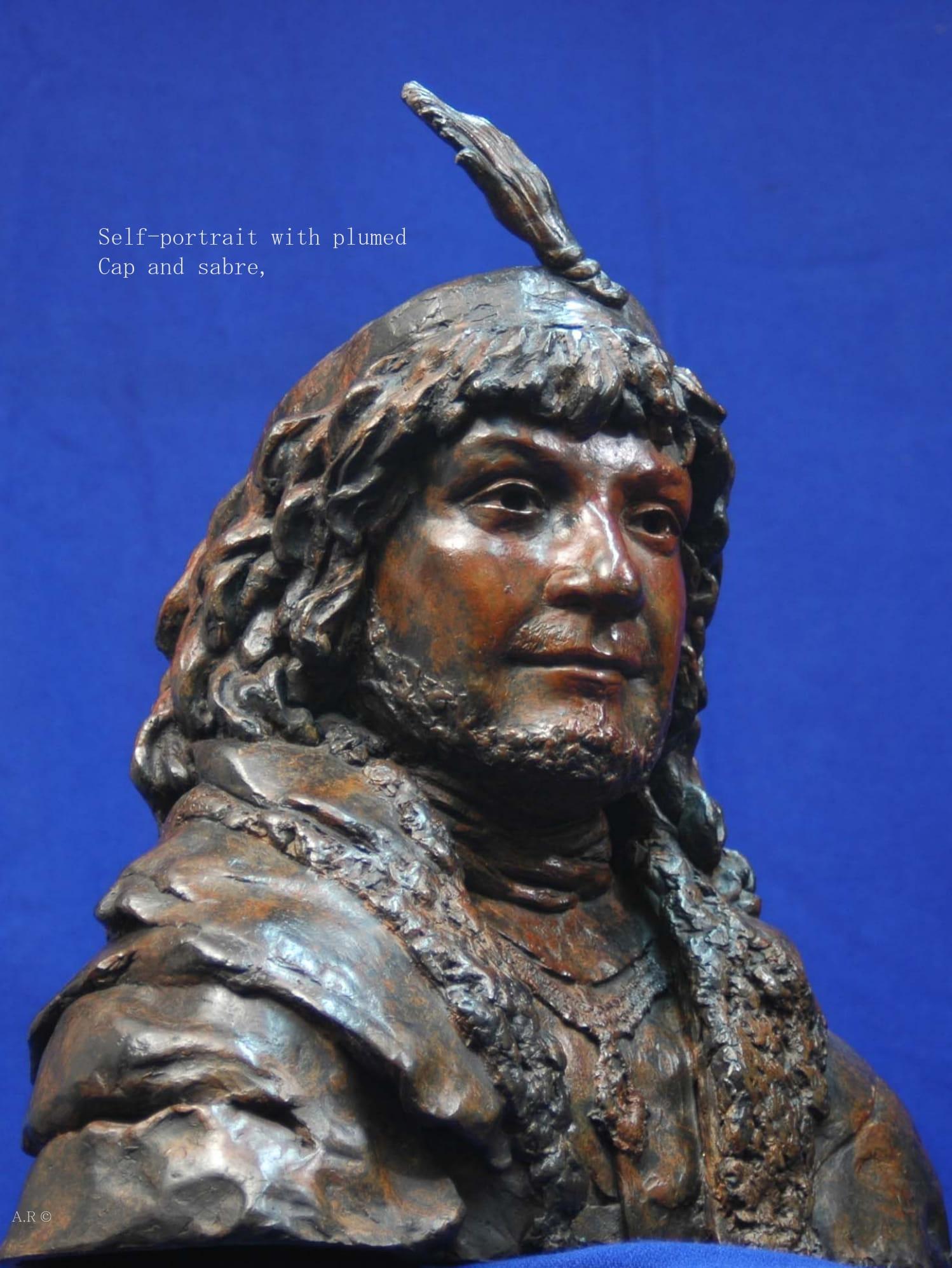 Rembrandt in Bronze - "Self-portrait with plumed Cap/Sabre" - etching sculpture - Sculpture by Anat Ratzabi