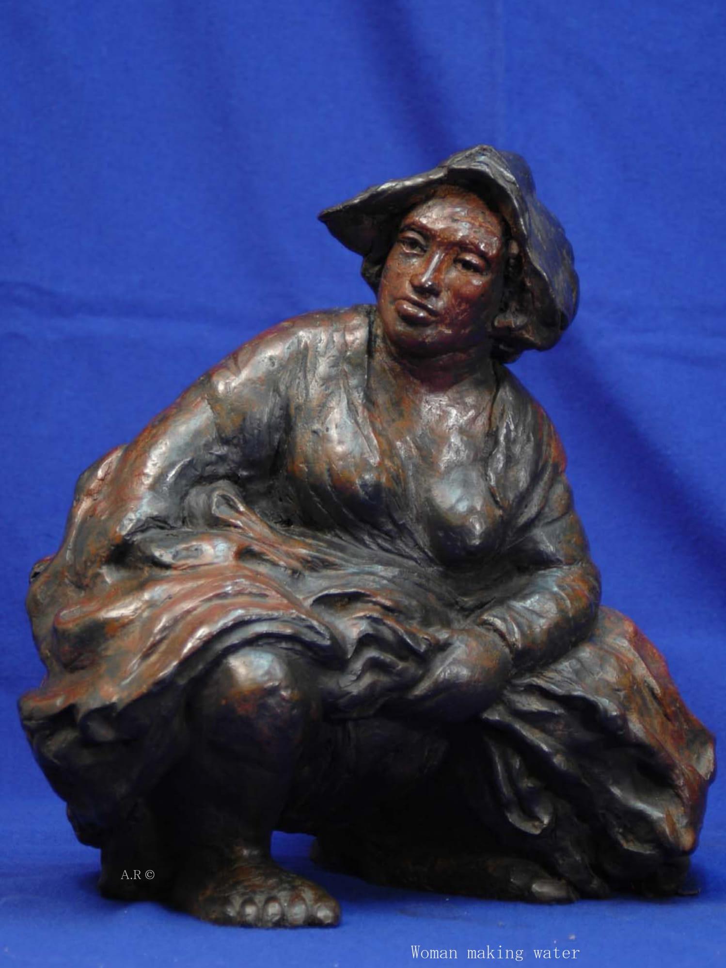 Rembrandt in Bronze - "Woman making Water" - Unique Etching Sculpture - Mixed Media Art by Anat Ratzabi