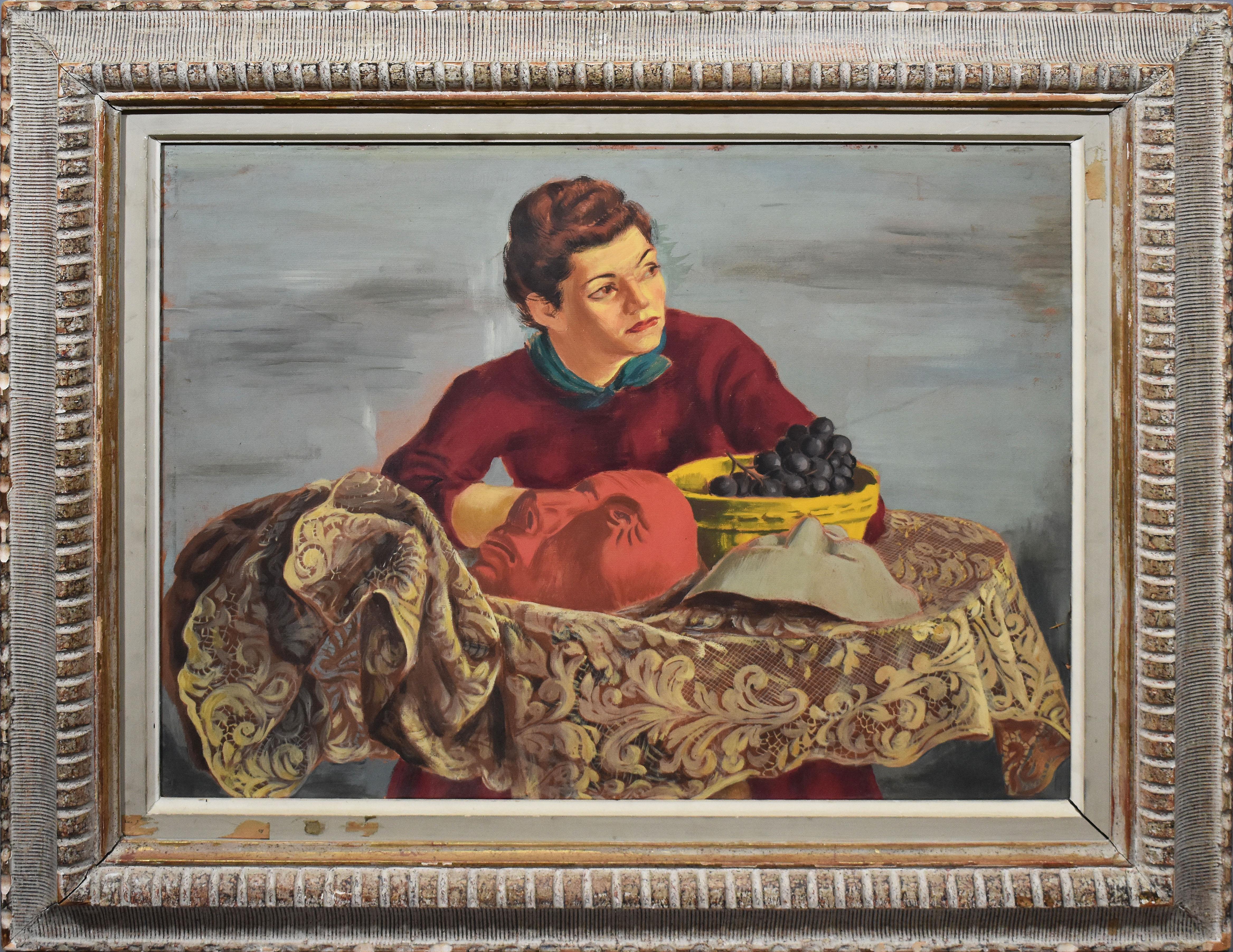 Antique portrait de femme moderniste américaine de la WPA exposé à l'intérieur d'une peinture à l'huile