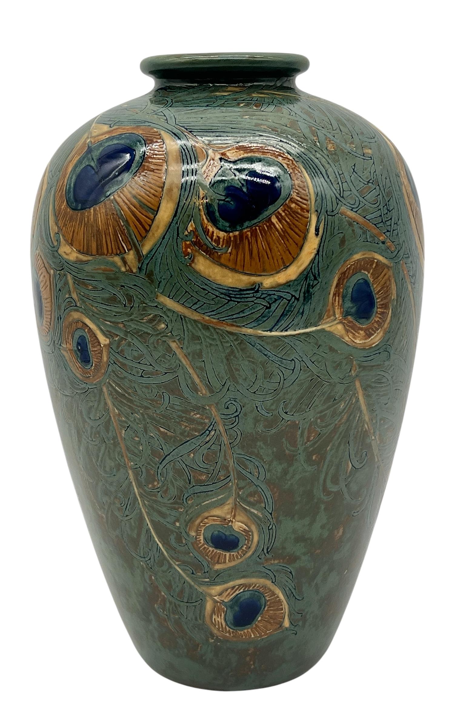 Anatole Fournier for Sevres, Enameled Peacock Feather Stoneware Vase, France 1918.  Oval Sevres Stamp/1918/G.  Signed A. Fournier. 1.EX. Incised 16F7077.  Excellent Condition.