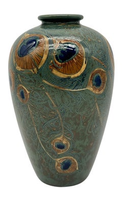 Anatole Fournier for Sevres, Art DecoPeacock Feather Stoneware Vase, France 1918
