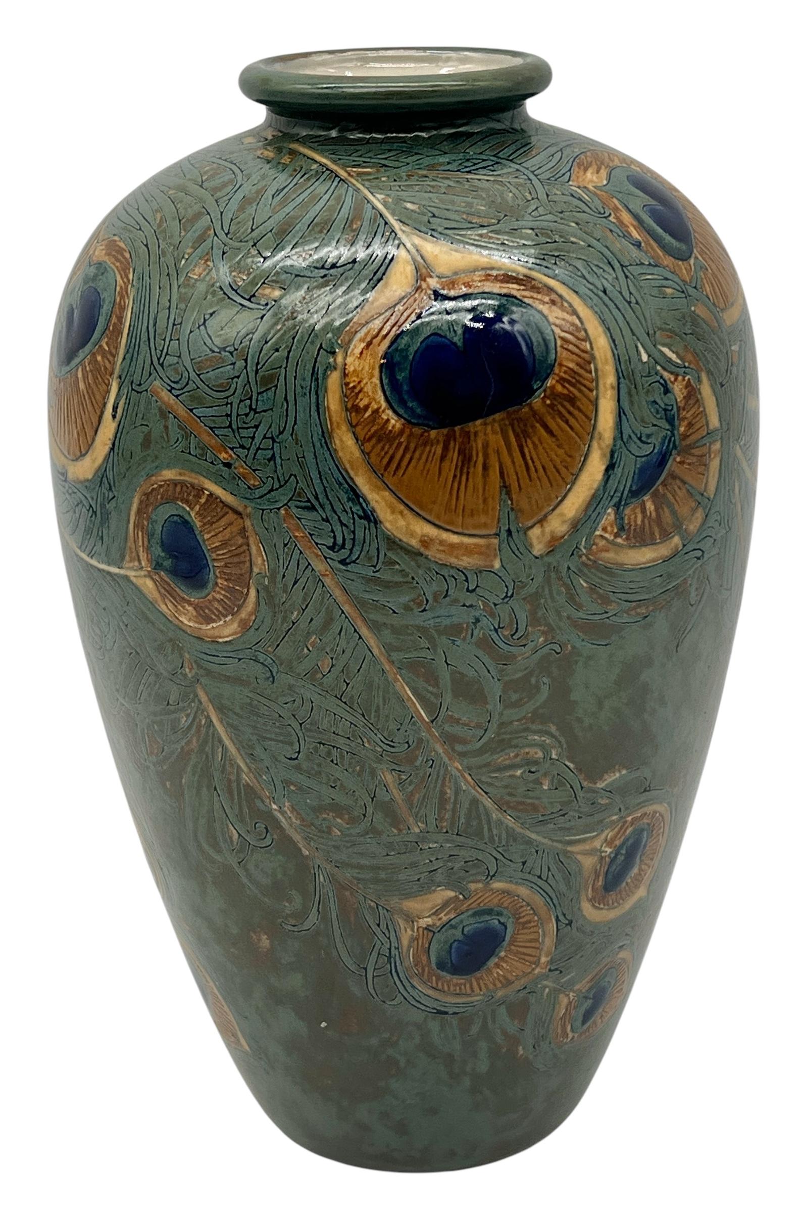 French Anatole Fournier for Sevres, Art DecoPeacock Feather Stoneware Vase, France 1918 For Sale