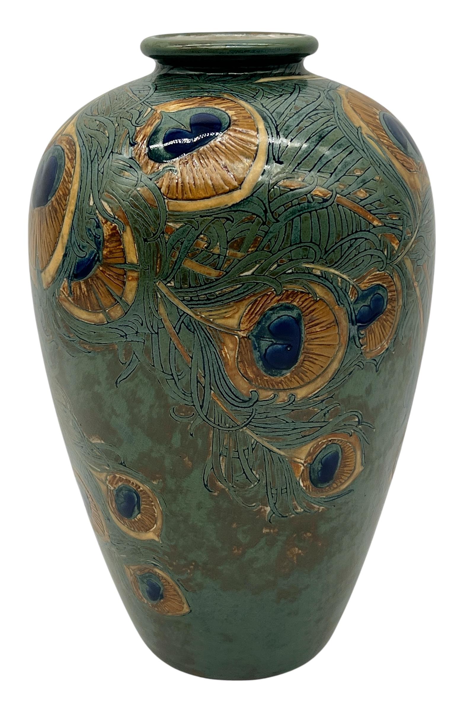 Hand-Crafted Anatole Fournier for Sevres, Art DecoPeacock Feather Stoneware Vase, France 1918 For Sale