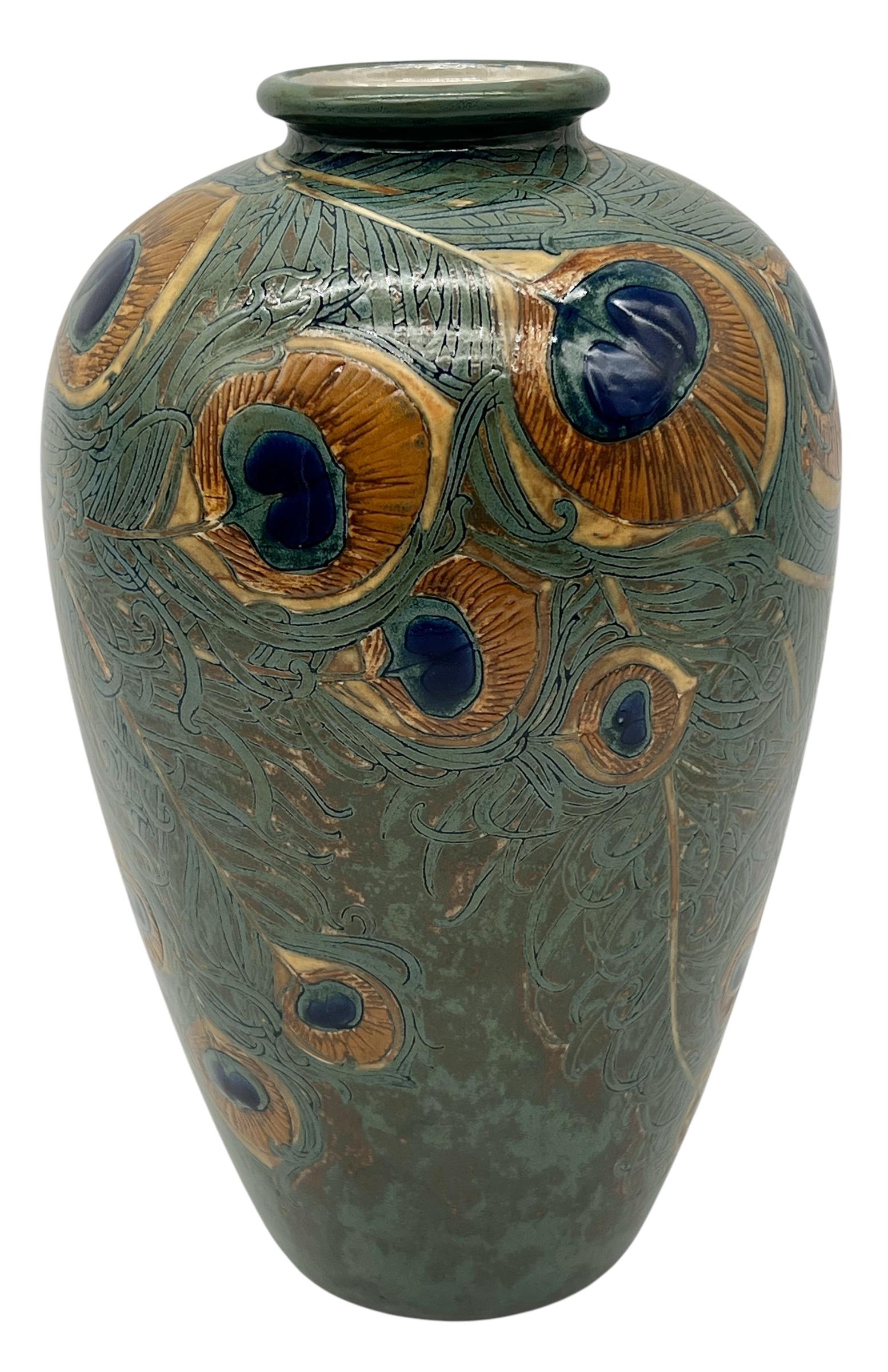 20th Century Anatole Fournier for Sevres, Art DecoPeacock Feather Stoneware Vase, France 1918 For Sale