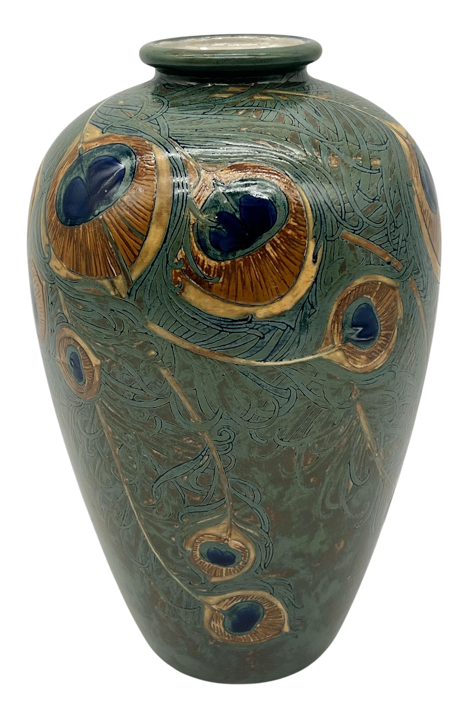 Anatole Fournier for Sevres, Art DecoPeacock Feather Stoneware Vase, France 1918 For Sale 1