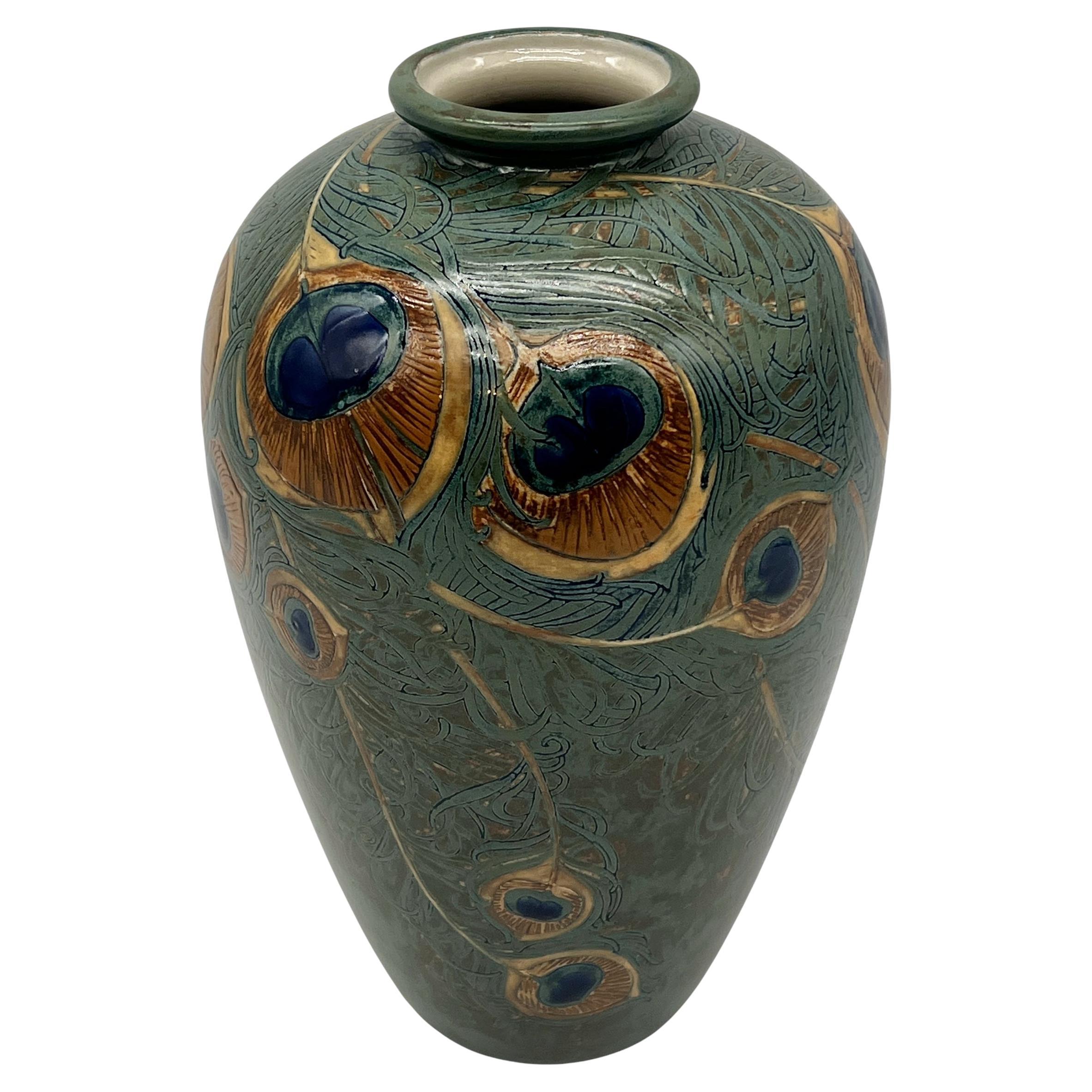 Anatole Fournier for Sevres, Art DecoPeacock Feather Stoneware Vase, France 1918 For Sale