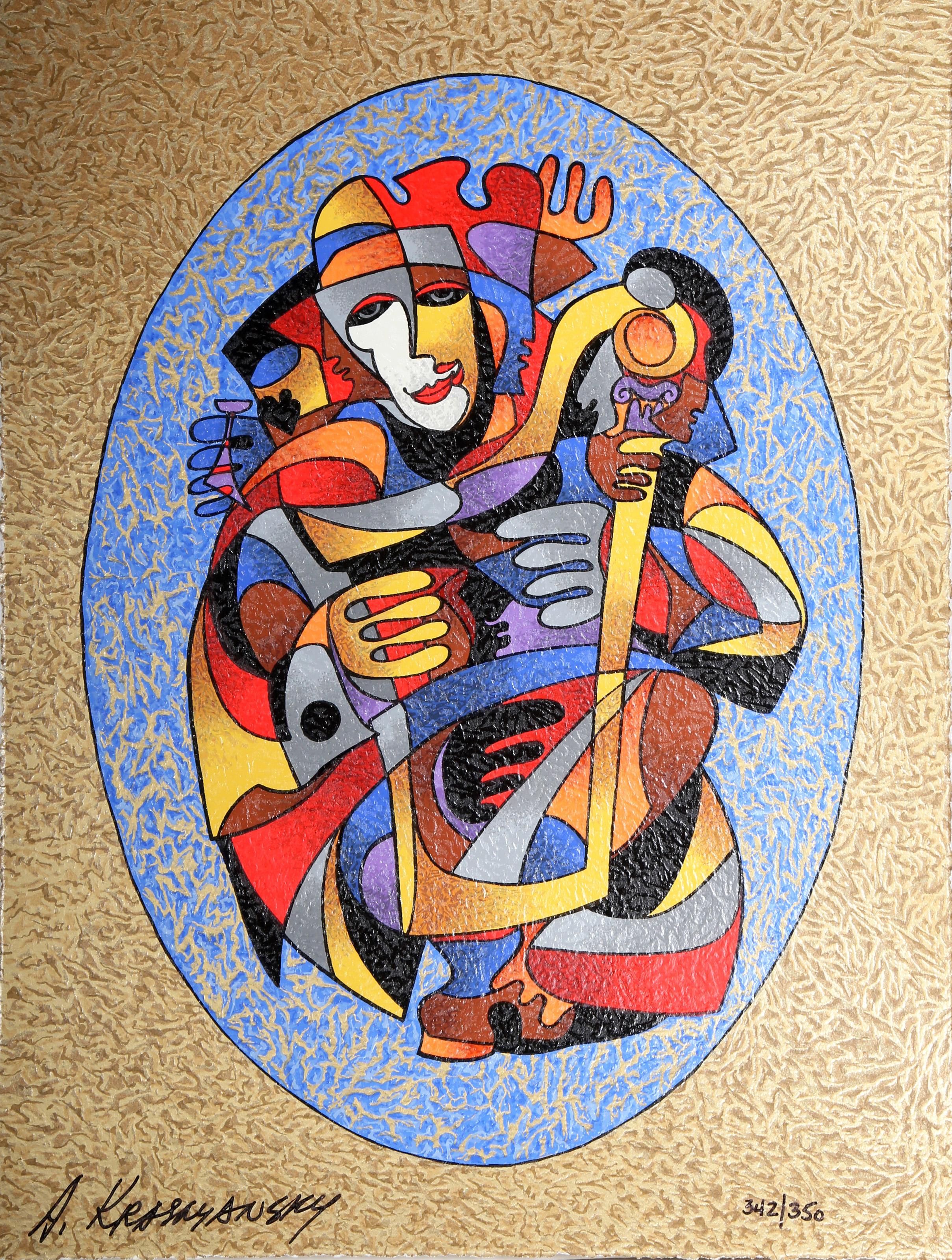  Anatole Krasnyansky, Ucraino/Americano (1930 - ) - Musicisti, Medium: Serigrafia, firmata e numerata a pennarello, Edizione: 342/350, Dimensioni: 14 x 10,75 pollici (35,56 x 27,31 cm), Descrizione: Una serigrafia giocosa di Anatole Krasnyansky in