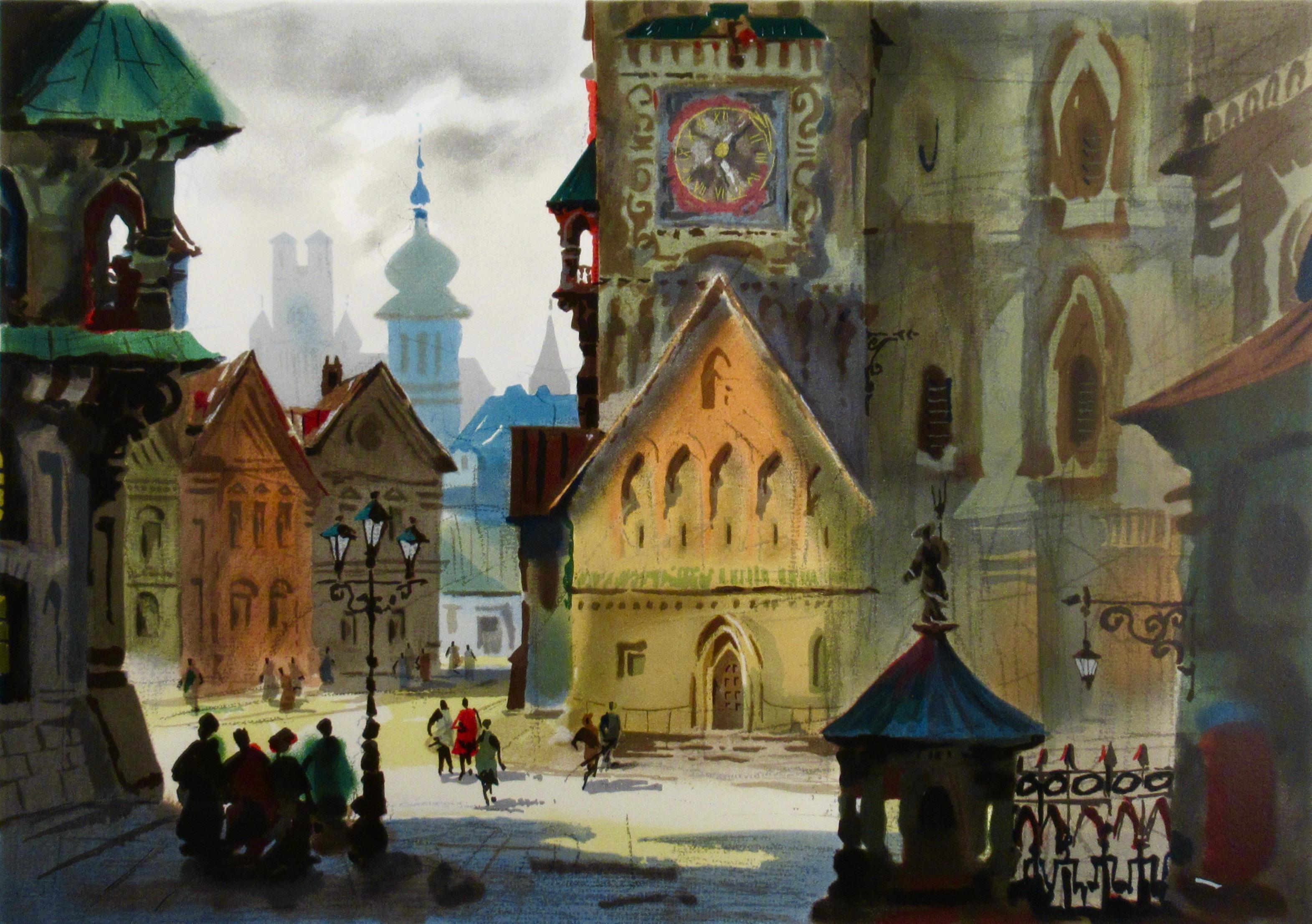 Alte Stadt Warschau (Surrealismus), Print, von Anatole Krasnyansky