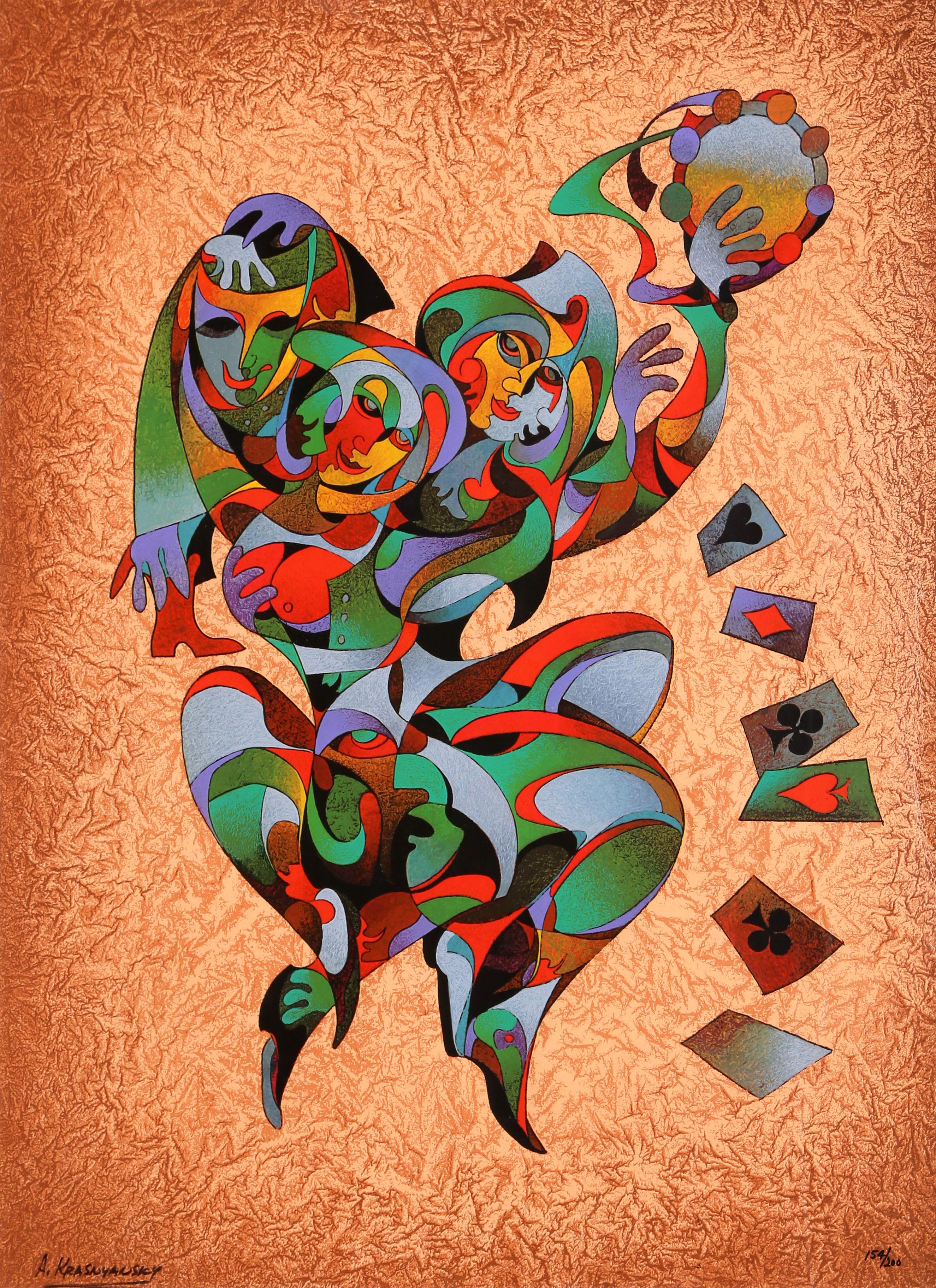 Serigrafía de Anatole Krasnyansky, hacia 1980. Un arlequín surrealista de muchas caras bailando con naipes, realizado es un estilo cubista contemporáneo. 

Artista: Anatole Krasnyansky
Título: Rapto
Año: Alrededor de 1980
Técnica: Serigrafía,