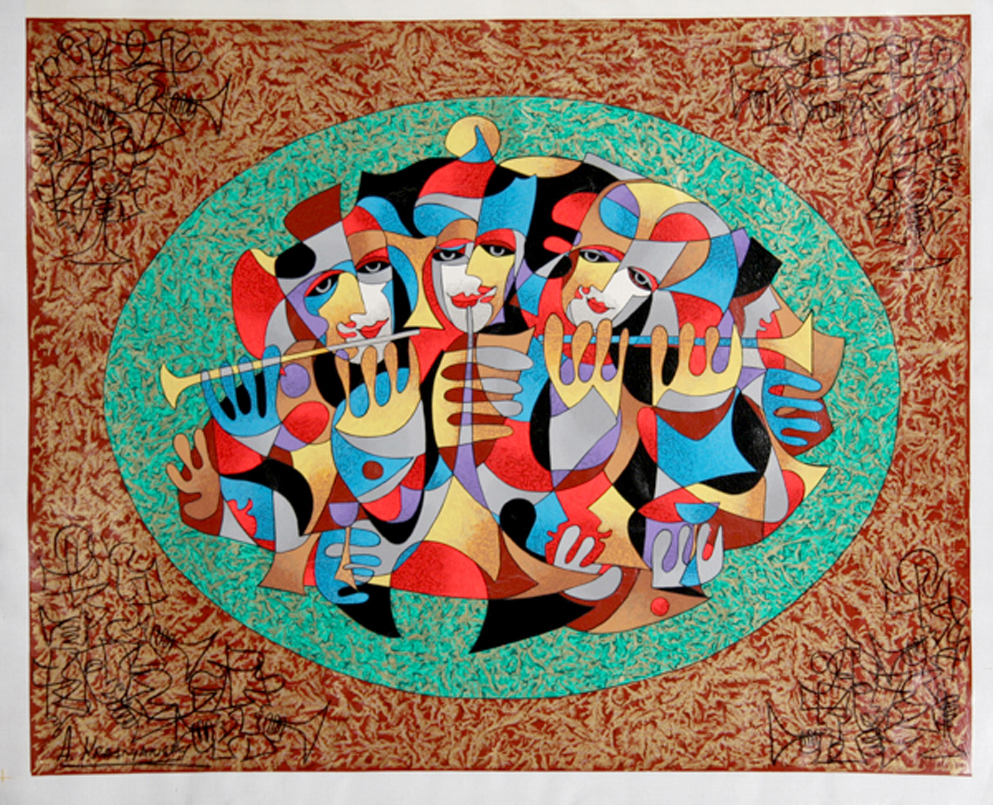  Anatole Krasnyansky, ucraino/americano (1930 - ) - I musicisti, Medium: Serigrafia su tela, abbellita con pennarello, Edizione: 21/21, Dimensioni: 22 in. x 28 in. (55.88 cm x 71.12 cm)