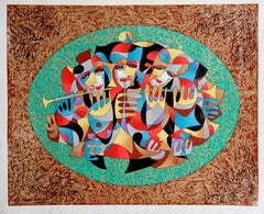 Antique The Musicians, Serigraph on Canvas, Embellished w/ Marker by Anatole Krasnyansky