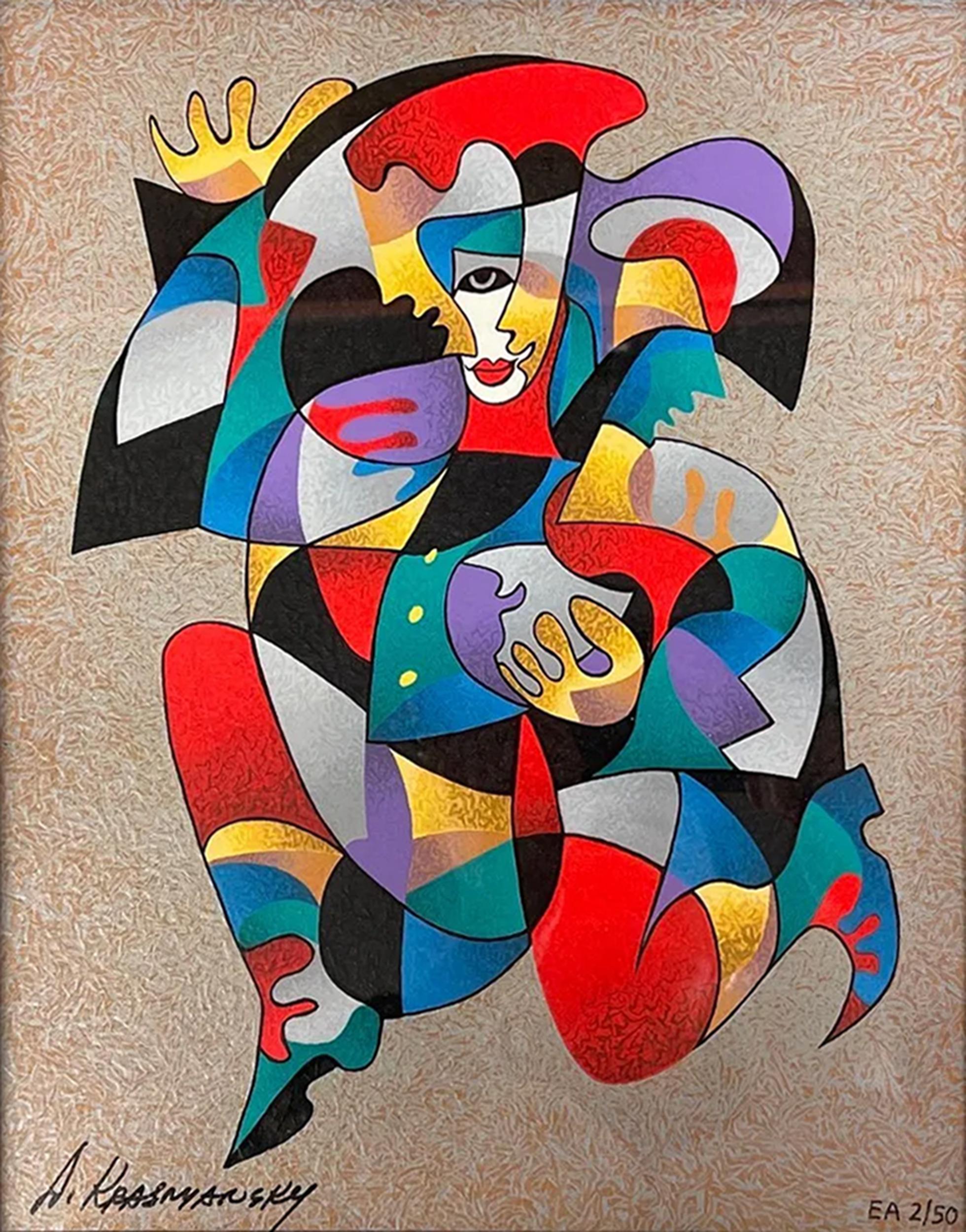 This surreal, contemporary-cubist screenprint by the artist is reminiscent of a harlequin kneeling before an audience, one hand raised. The piece is nicely framed and is signed and numbered in marker by the artist.