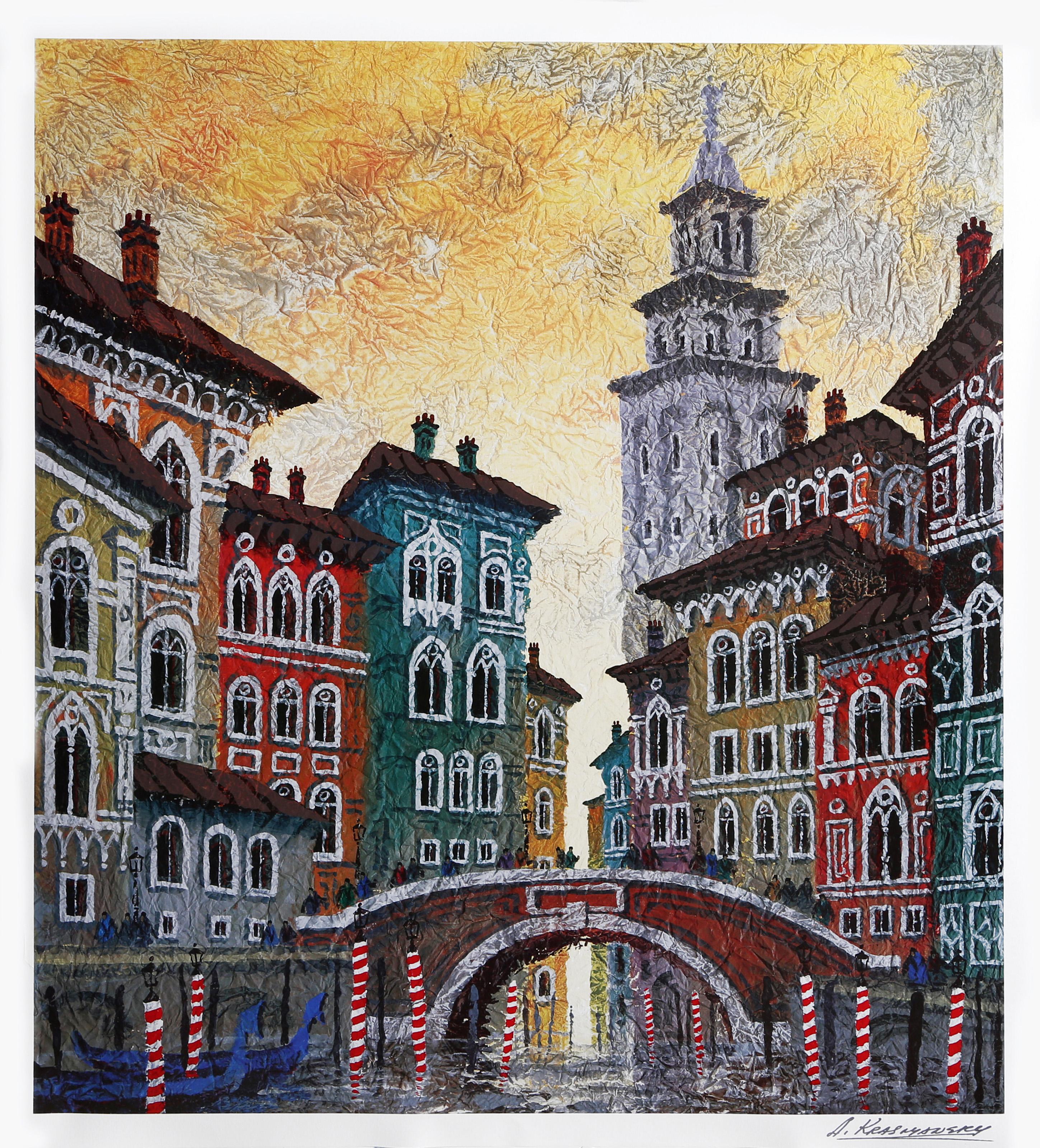  Anatole Krasnyansky, ucraino/americano (1930 - ) - Tramonto giallo a Venezia, Anno: 2003, Medium: Seriolitografia, firmato nella lastra, Dimensione immagine: 27.5 x 25 pollici, Dimensione: 30  x 27 in. (76.2  x 68,58 cm), Descrizione: 