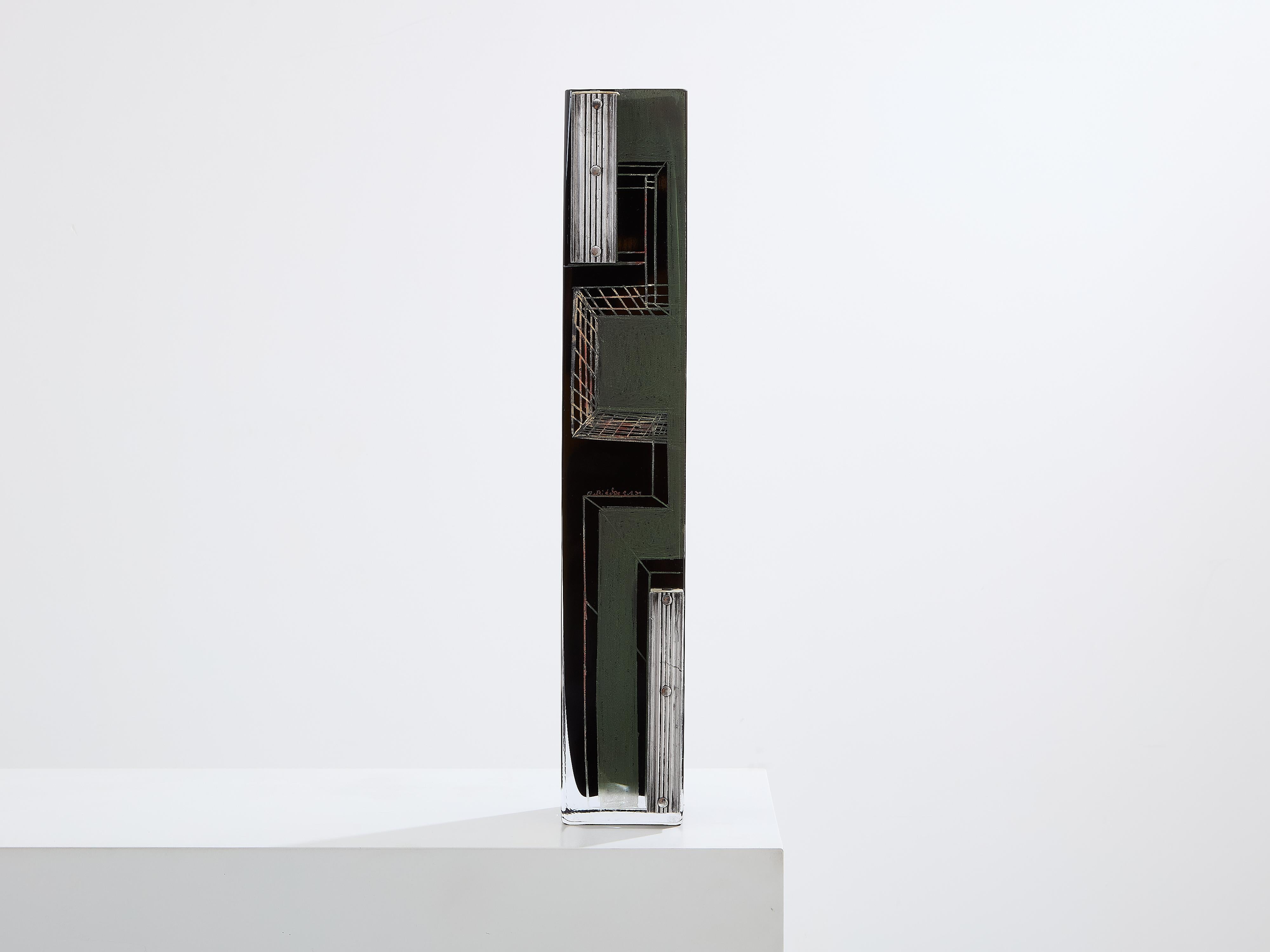 This tall Art Deco vase in black opaline glass, with engraved details, green painted decor, and chromed steel pieces add-ons, is signed by the Russian artist Anatole Riecke, and dated 1939. As the Master Glassmaker of La Coupole in Paris, he was