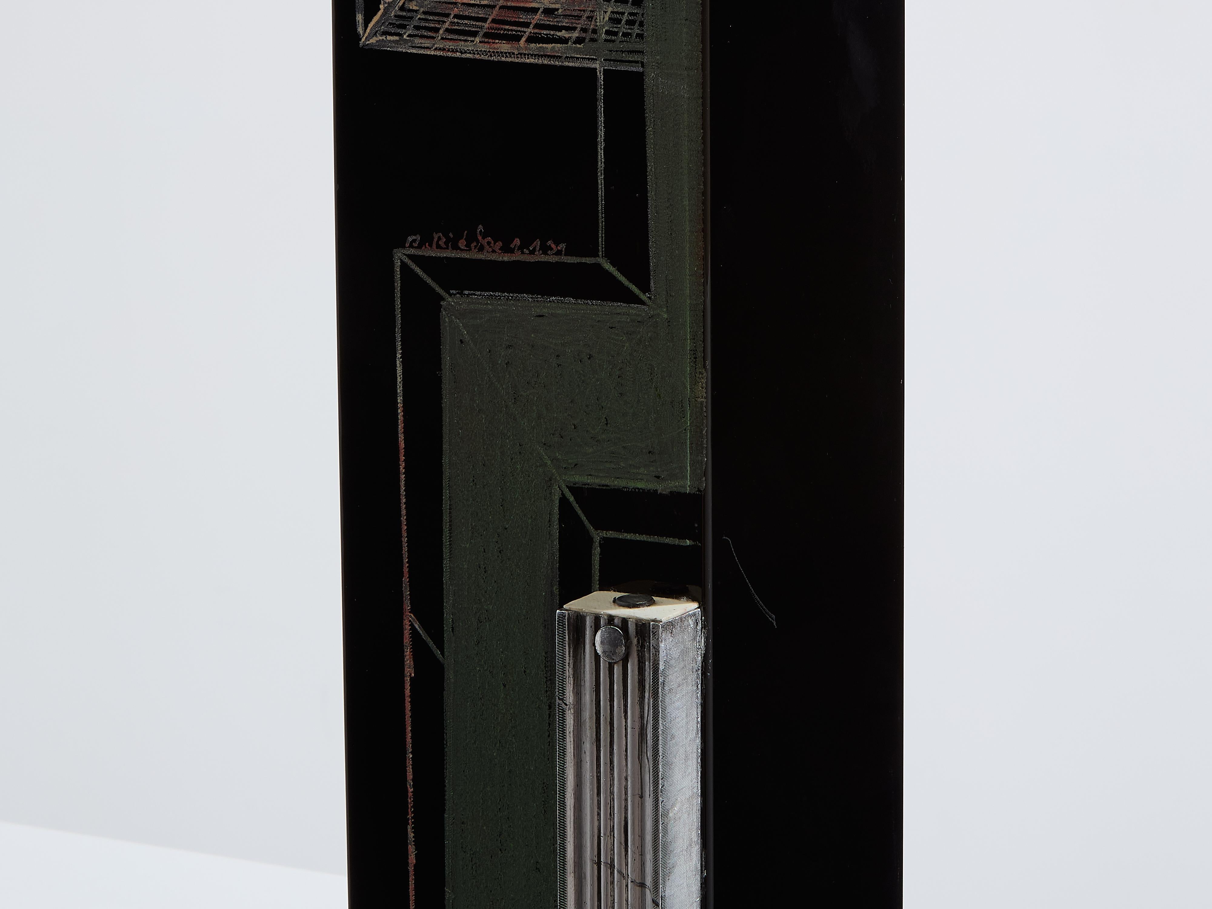 French Anatole Riecke Art Deco tall black opaline glass green vase 1939 For Sale