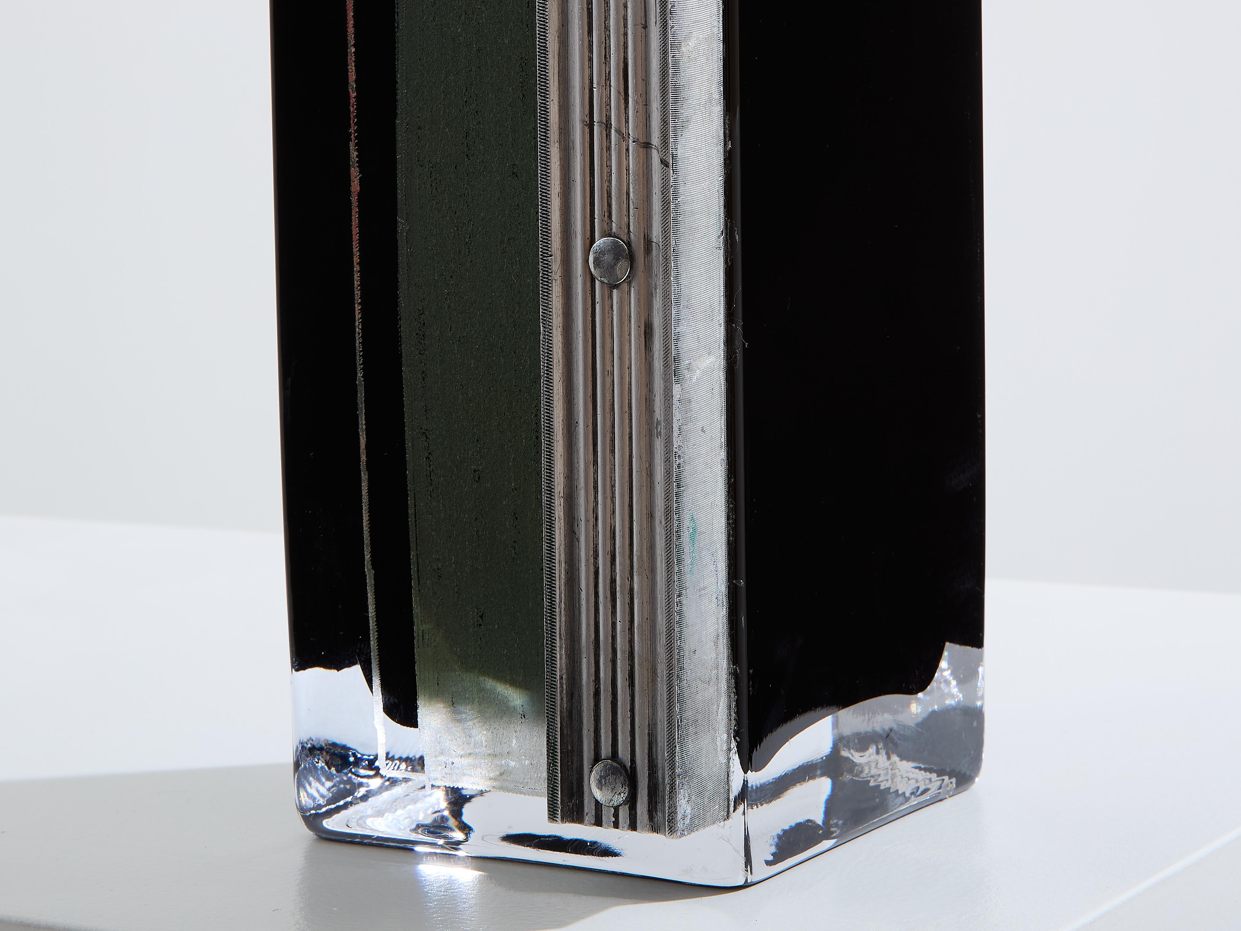 Anatole Riecke Art Deco tall black opaline glass green vase 1939 In Good Condition For Sale In Paris, IDF