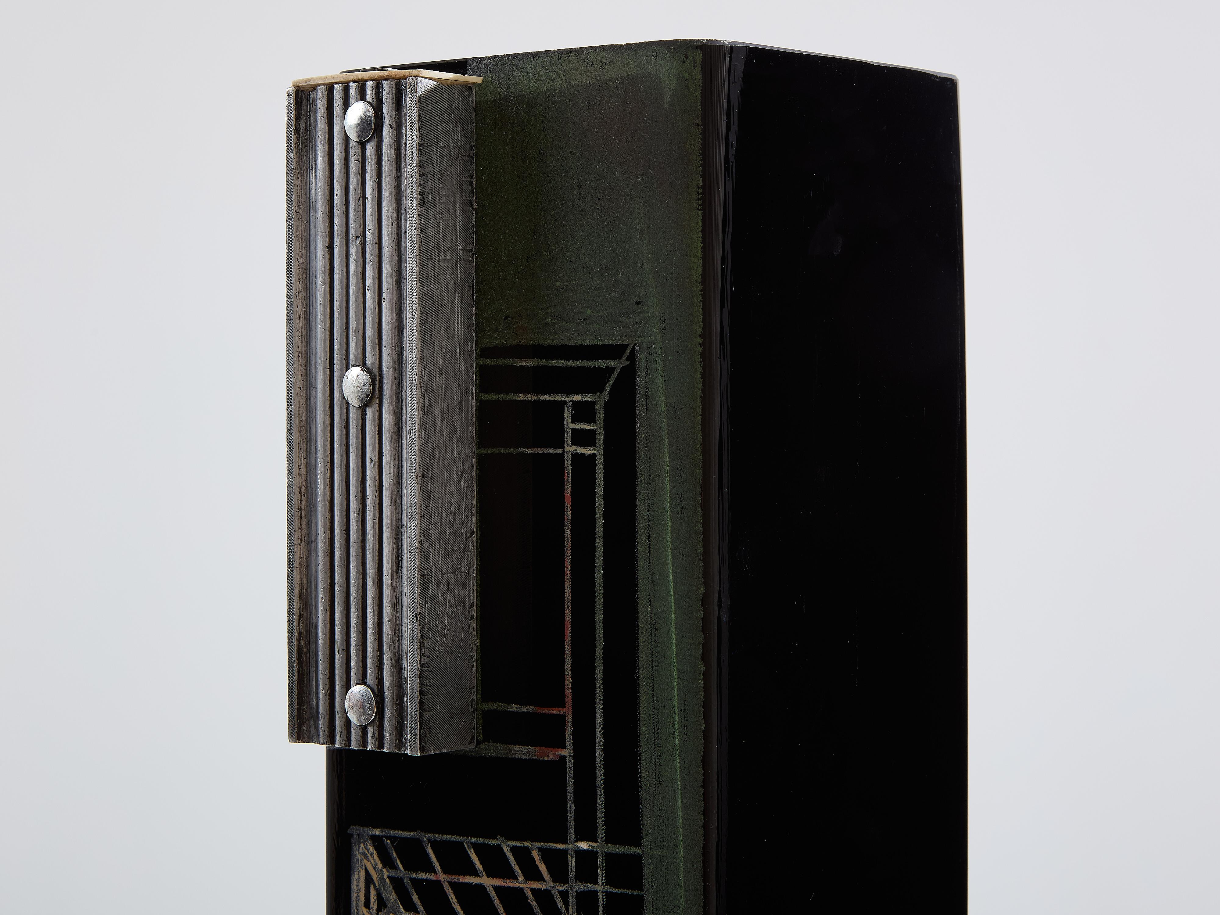 Mid-20th Century Anatole Riecke Art Deco tall black opaline glass green vase 1939 For Sale