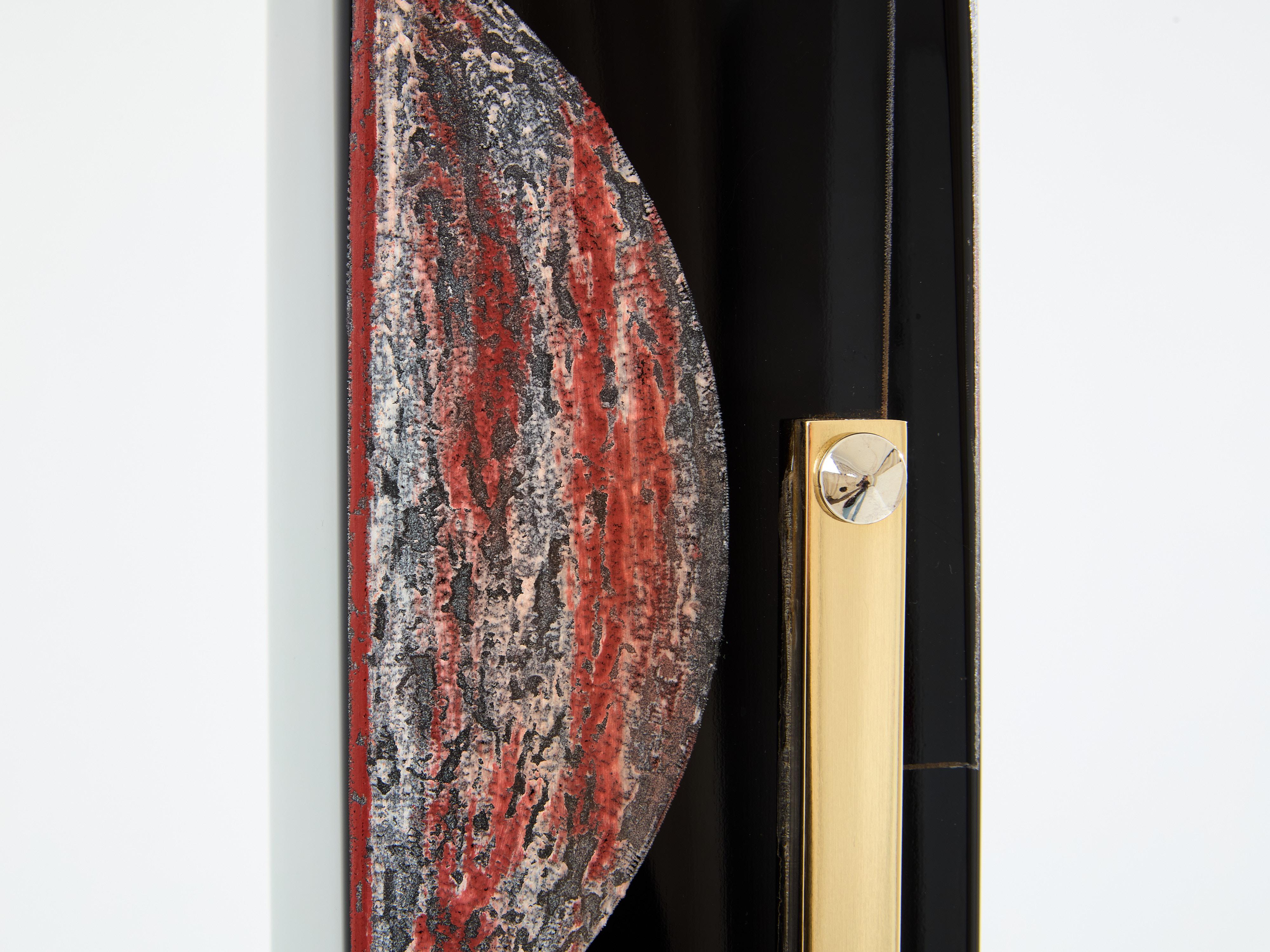 Anatole Riecke, Art déco-Vase, hoher schwarzer Opalglas, rot-grün, 1946 (Mitte des 20. Jahrhunderts) im Angebot