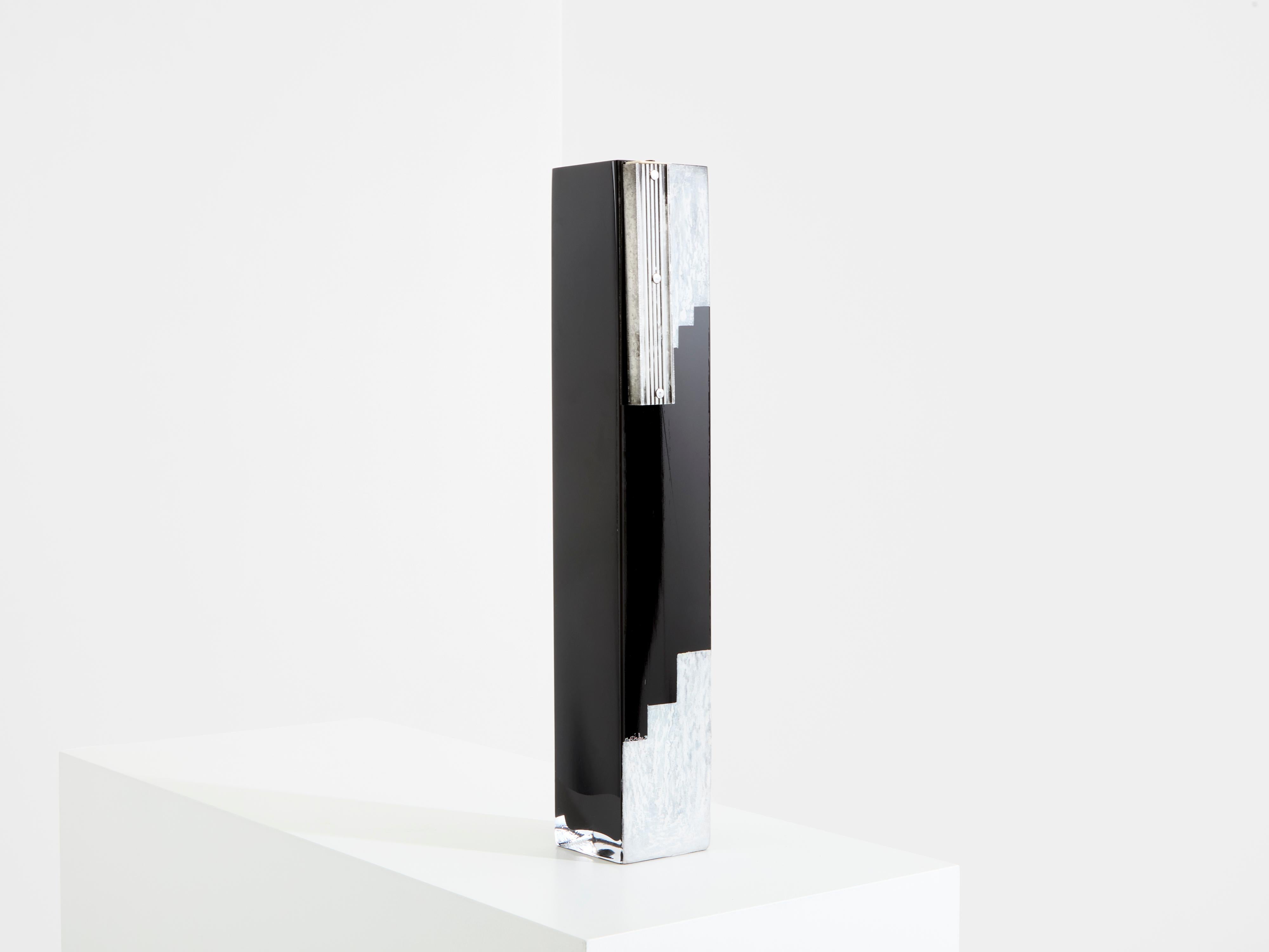 French Anatole Riecke Art Deco tall black opaline glass white vase 1939 For Sale
