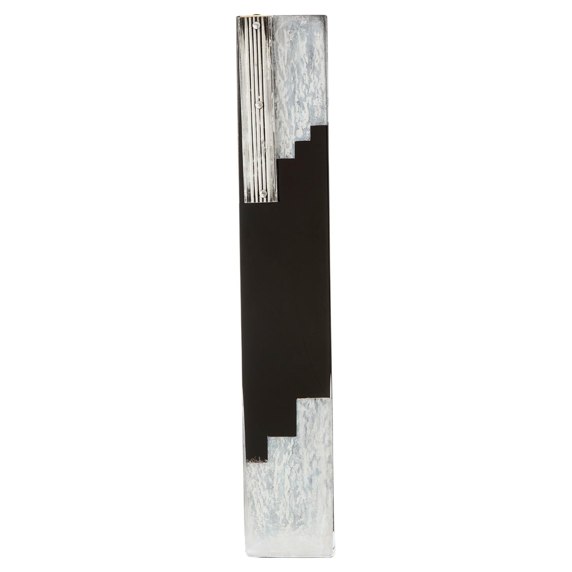 Anatole Riecke Art Deco tall black opaline glass white vase 1939 For Sale