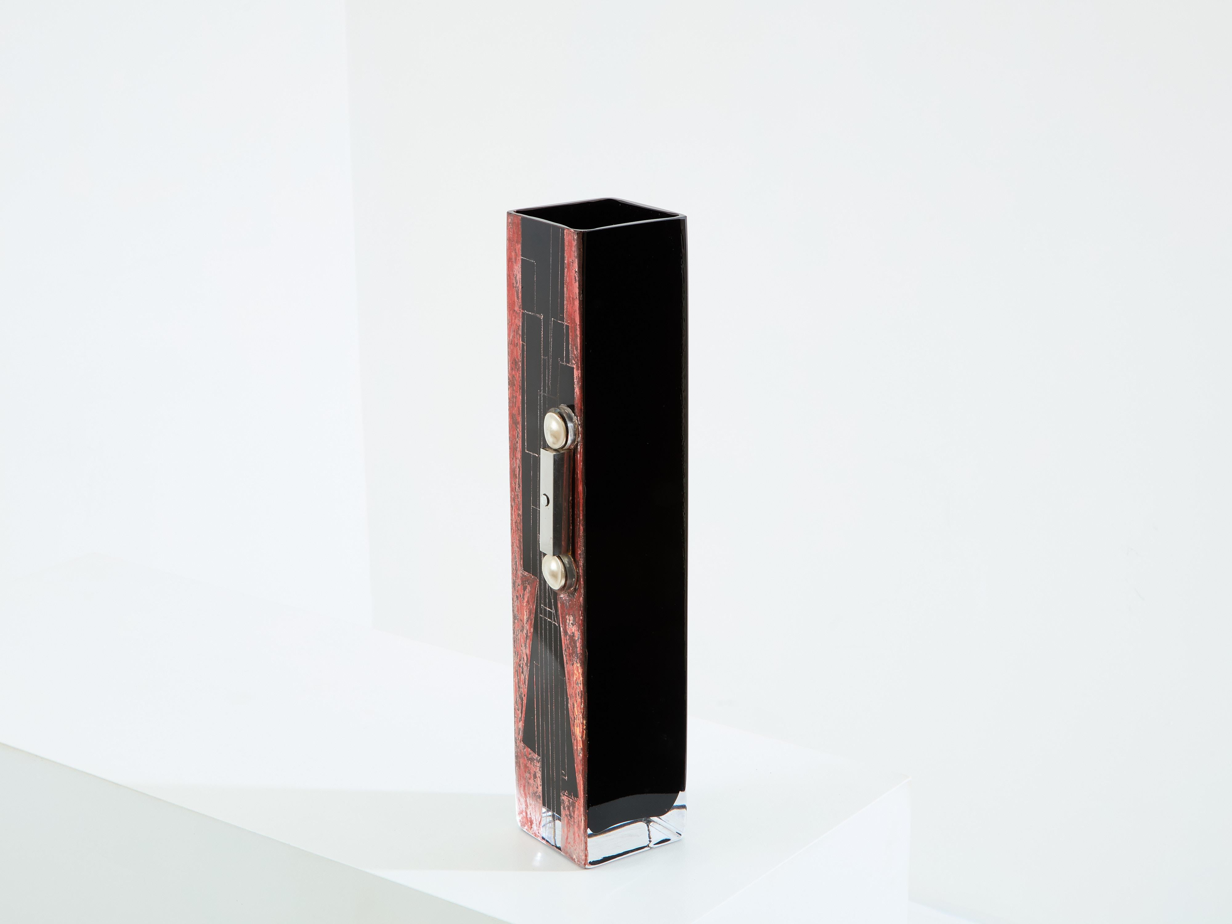 Anatole Riecke French Art Deco tall black opaline glass red vase 1938 In Good Condition For Sale In Paris, IDF
