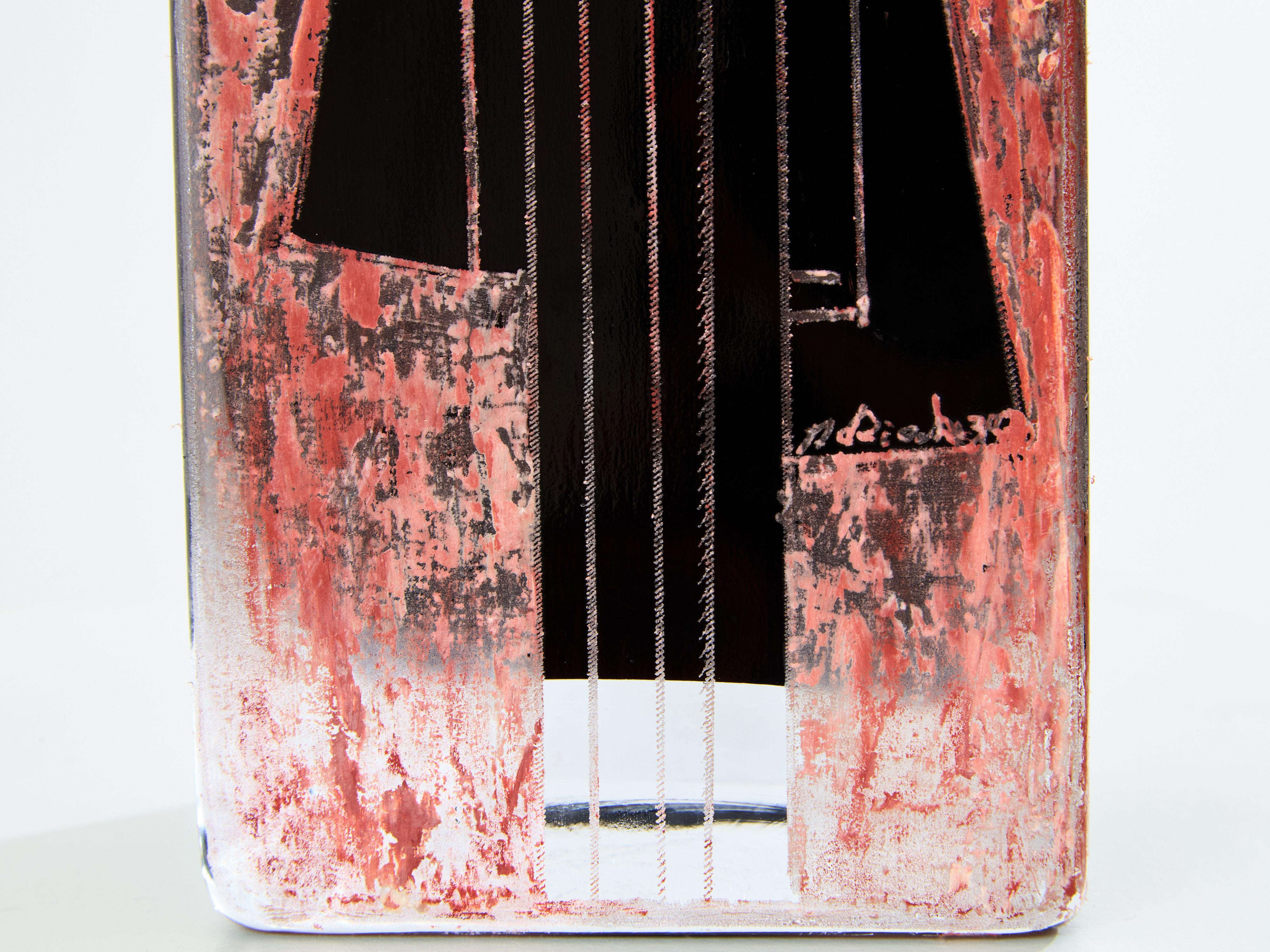 Anatole Riecke French Art Deco tall black opaline glass red vase 1938 For Sale 1