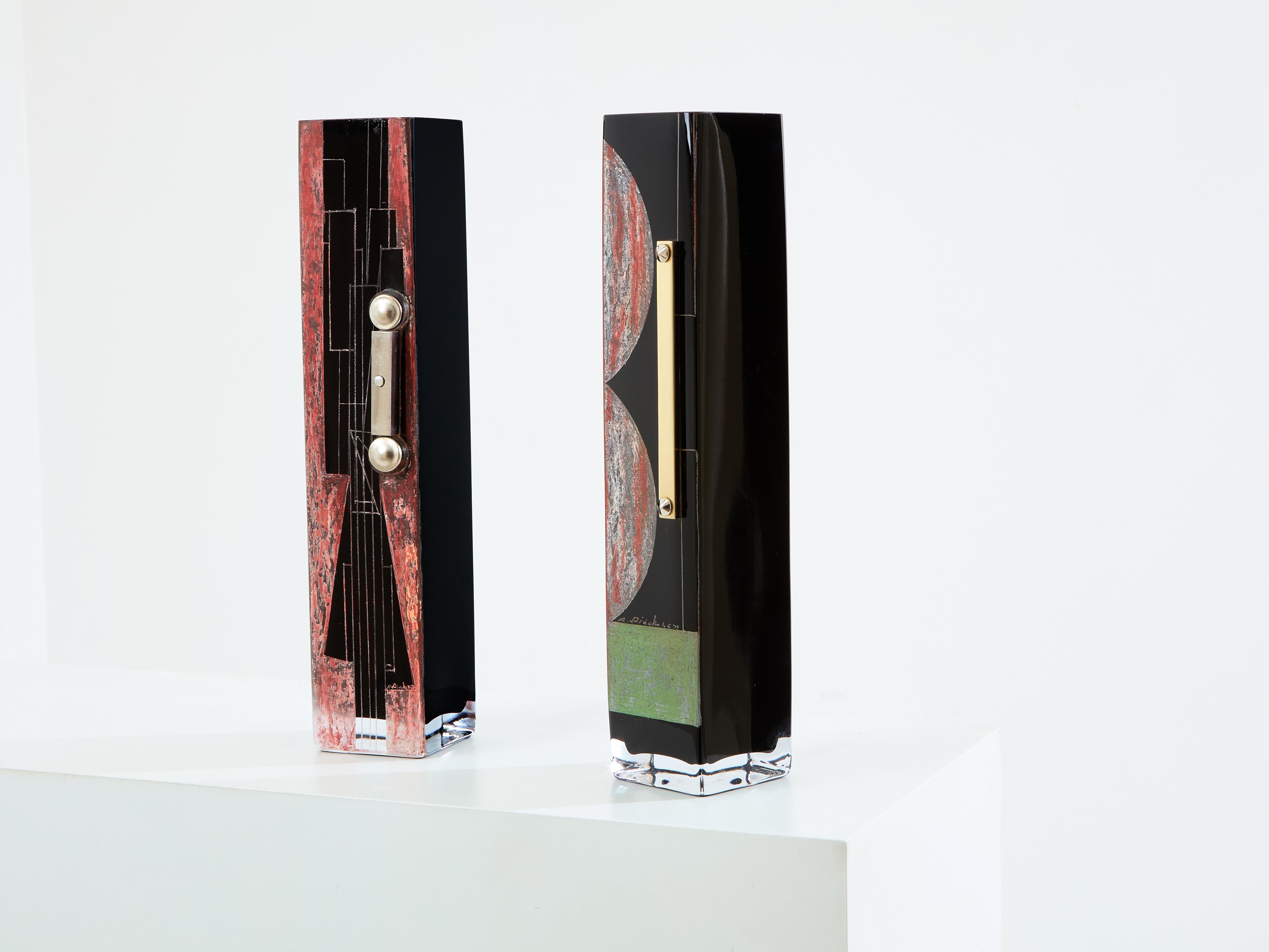 Anatole Riecke French Art Deco tall black opaline glass red vase 1938 For Sale 3