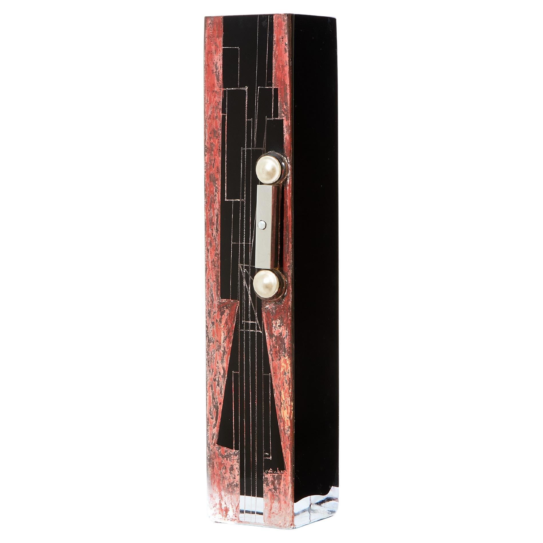 Anatole Riecke French Art Deco tall black opaline glass red vase 1938