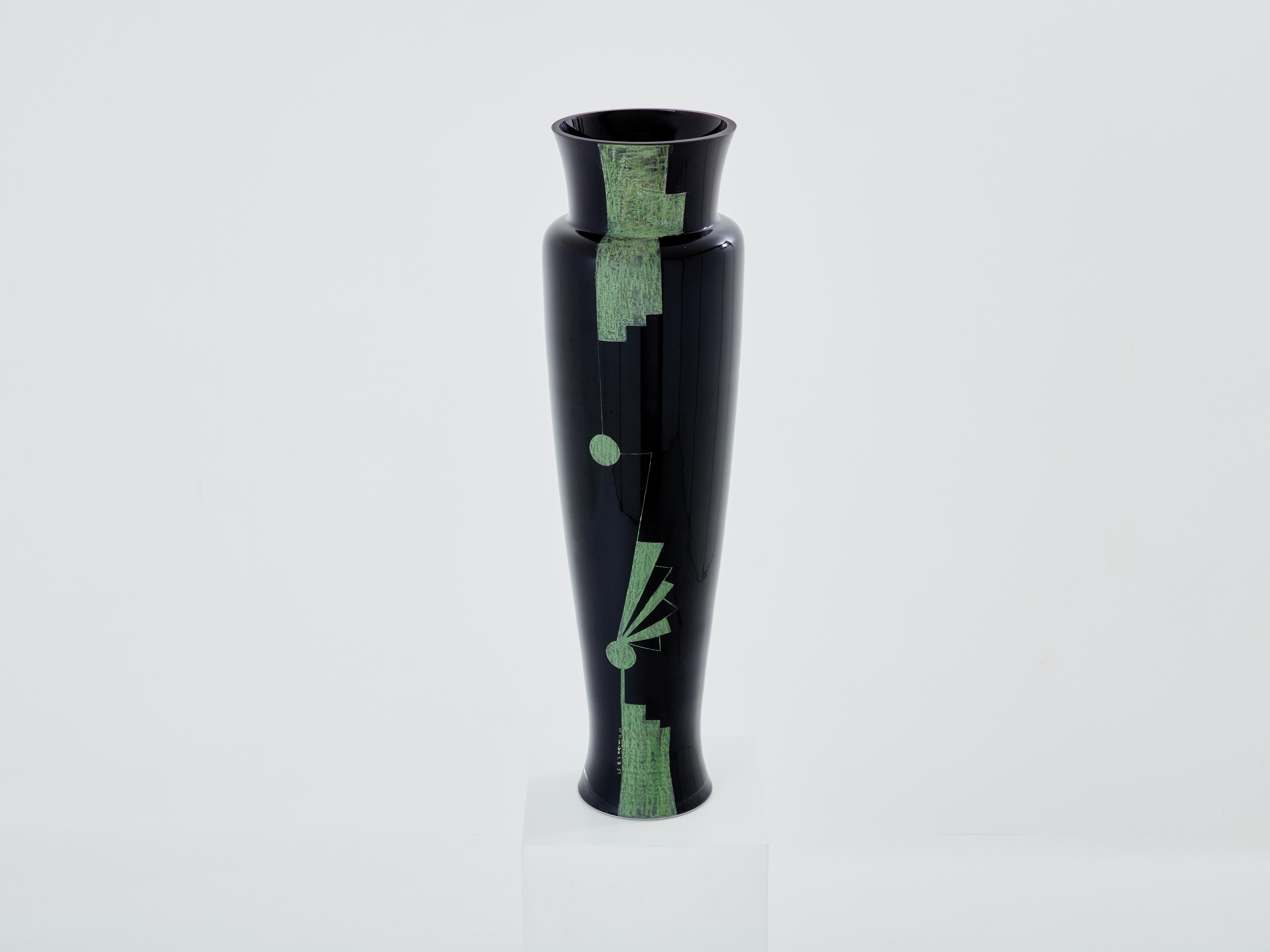 Anatole Riecke French Art Deco tall black opaline glass vase 1951 For Sale 5