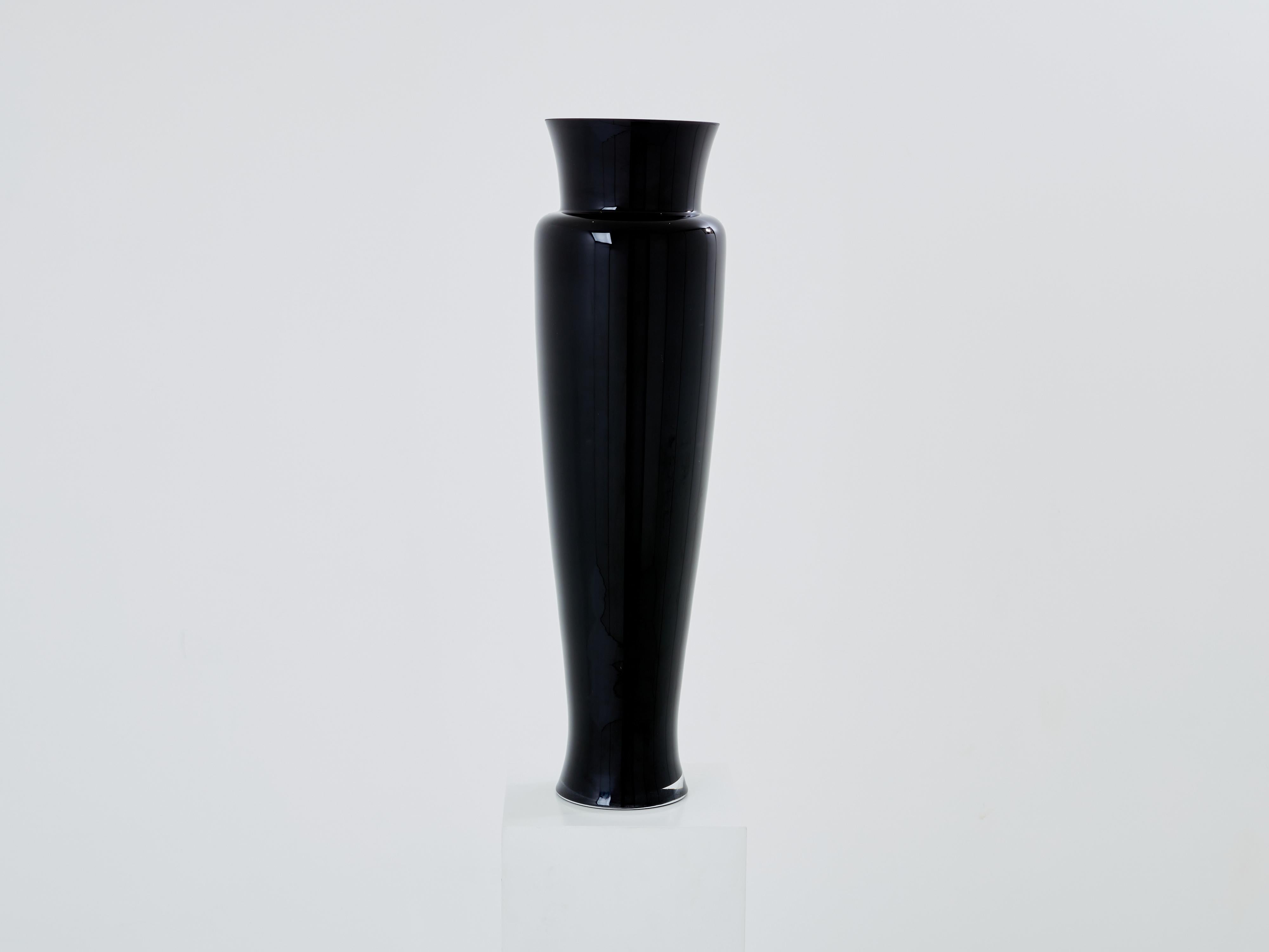 Anatole Riecke French Art Deco tall black opaline glass vase 1951 In Good Condition For Sale In Paris, IDF