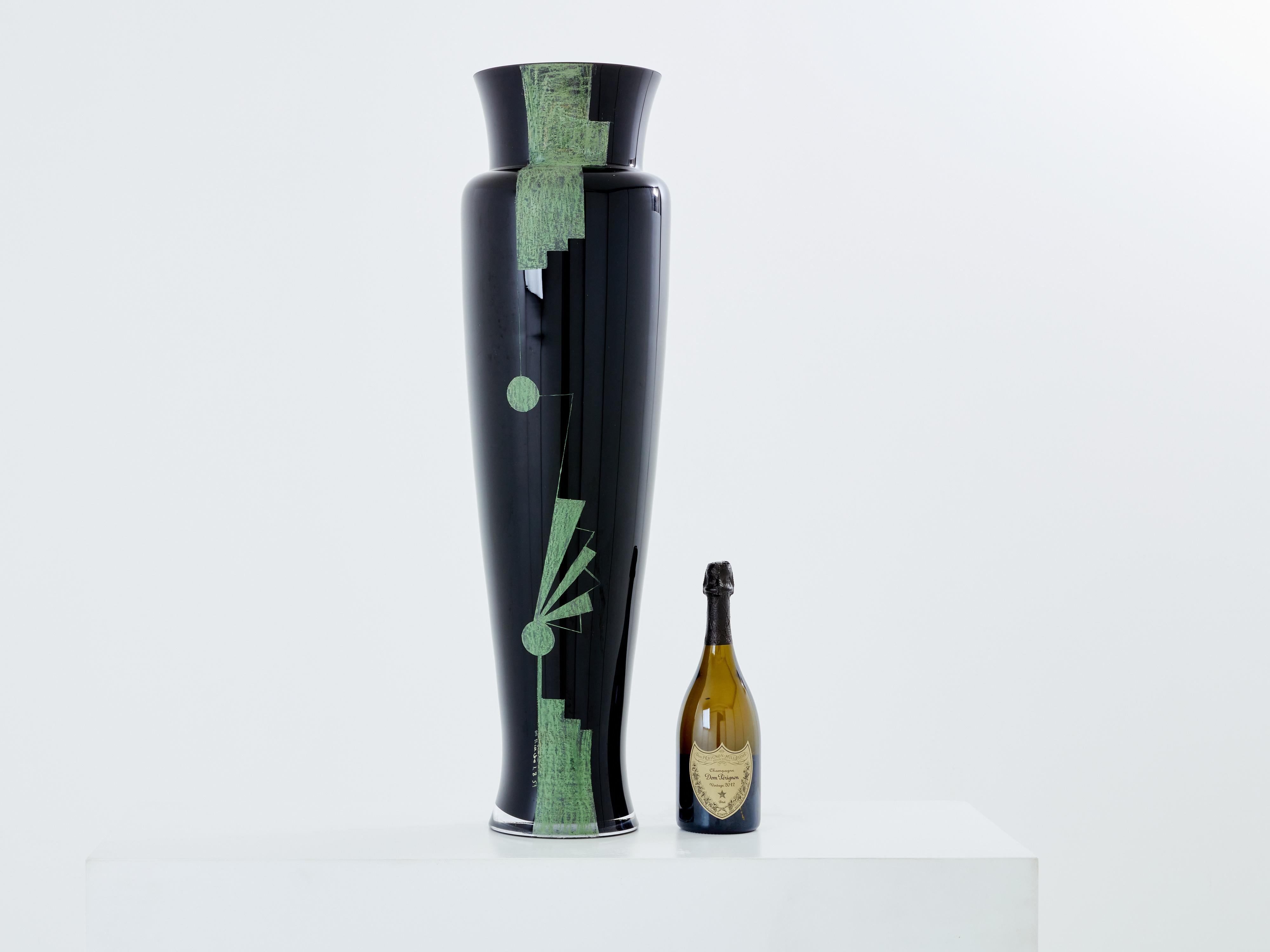 Anatole Riecke French Art Deco tall black opaline glass vase 1951 For Sale 3