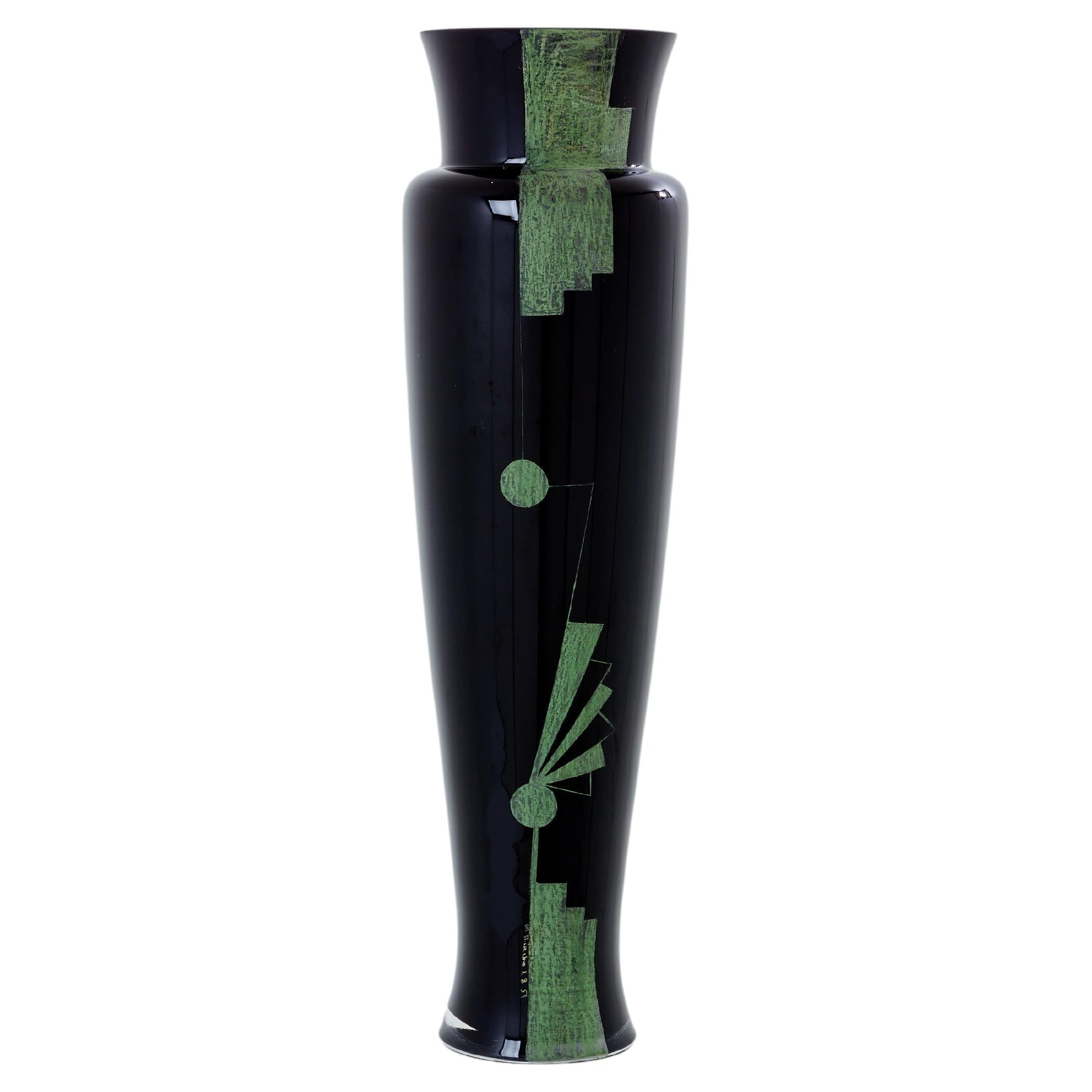 Anatole Riecke French Art Deco tall black opaline glass vase 1951 For Sale