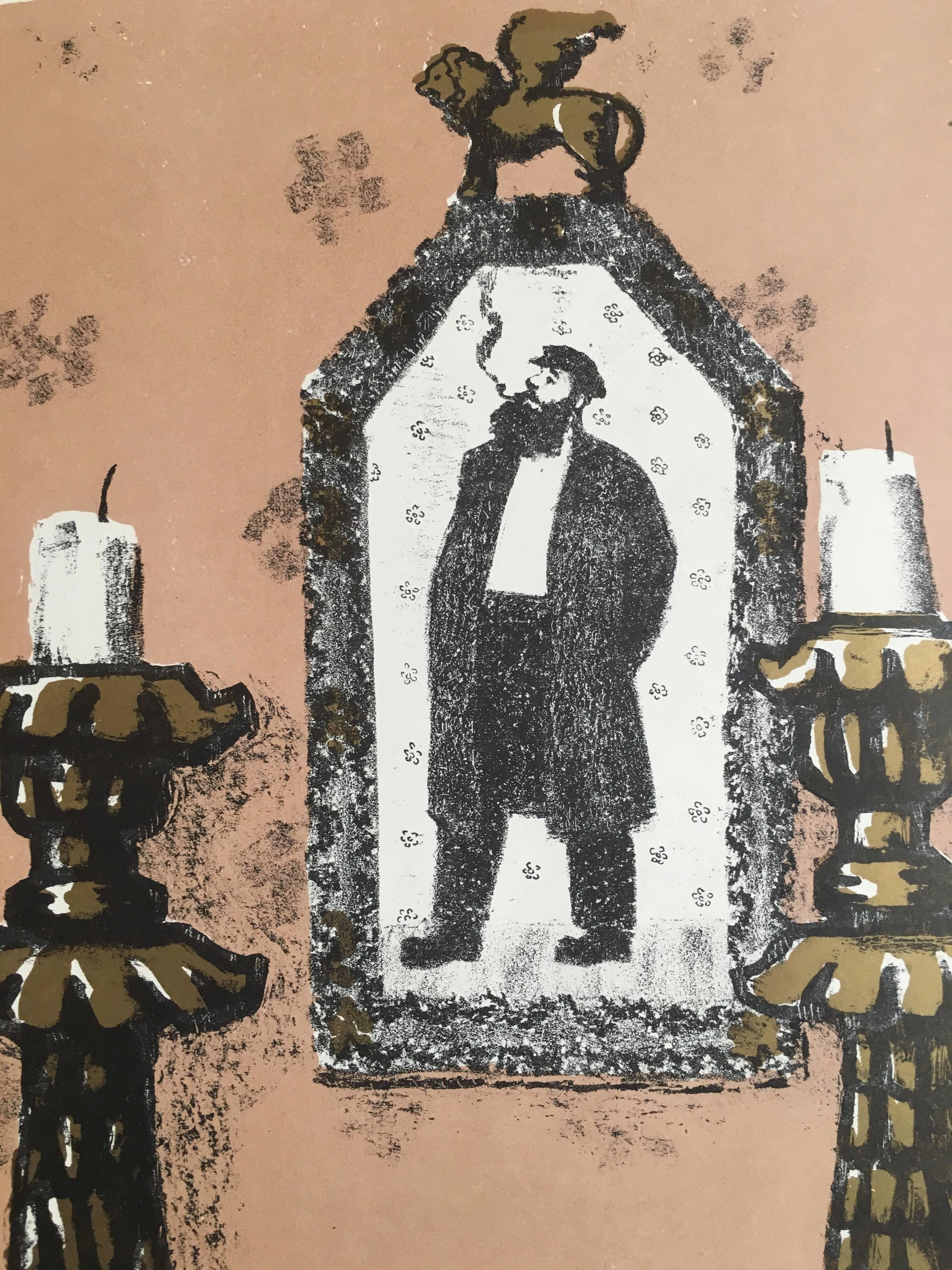 VIntage Russian Shtetl Shabbat Candlesks, Judaica Lithograph en vente 3