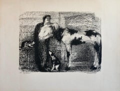 Vintage Russian Ukrainian Shtetl Scene Judaica Lithograph Jewish Man Cow Cat Dog