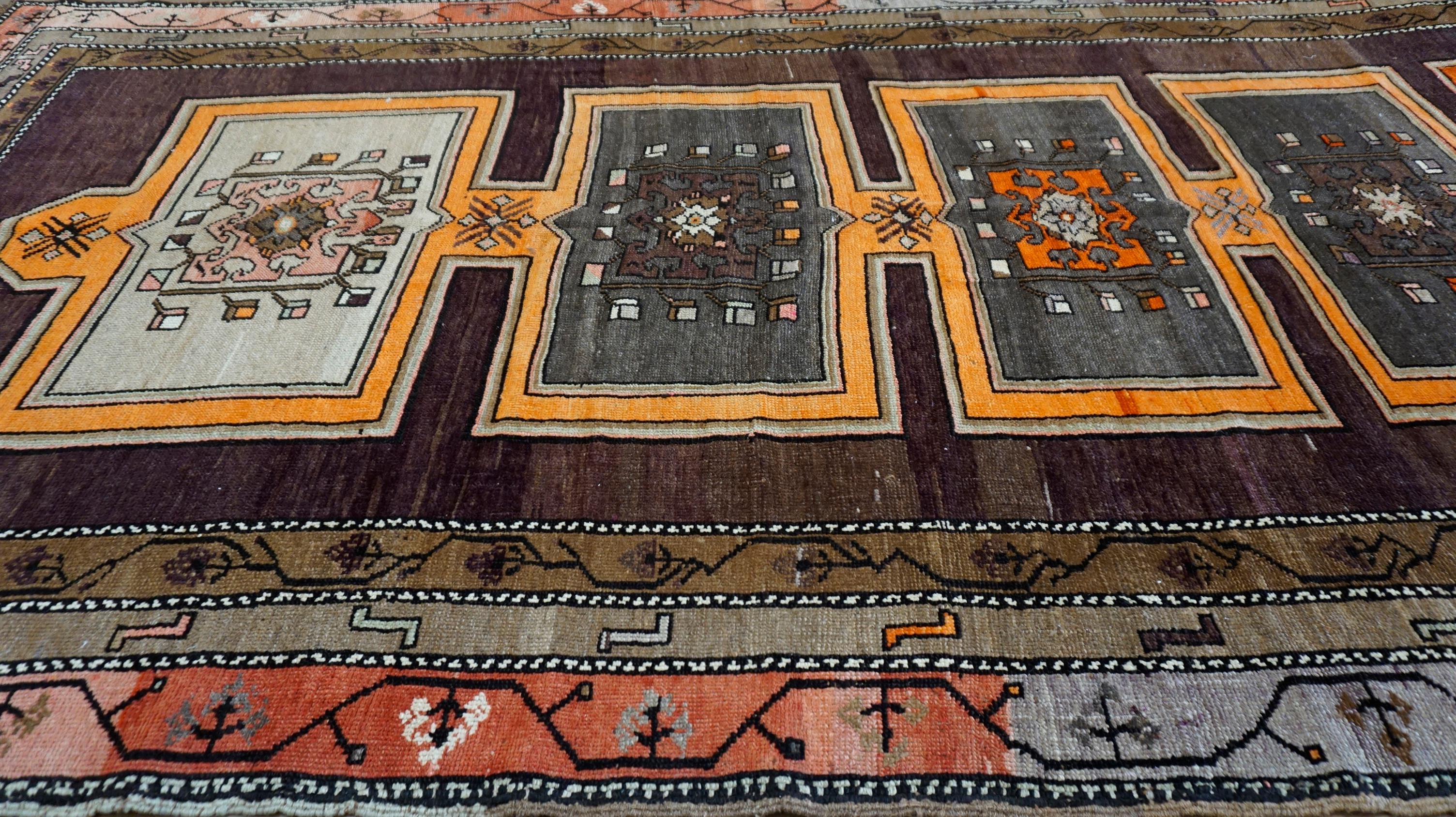 Folk Art Anatolian Karapinar Brown and Orange Vintage Wool Rug 6'6''x13' For Sale