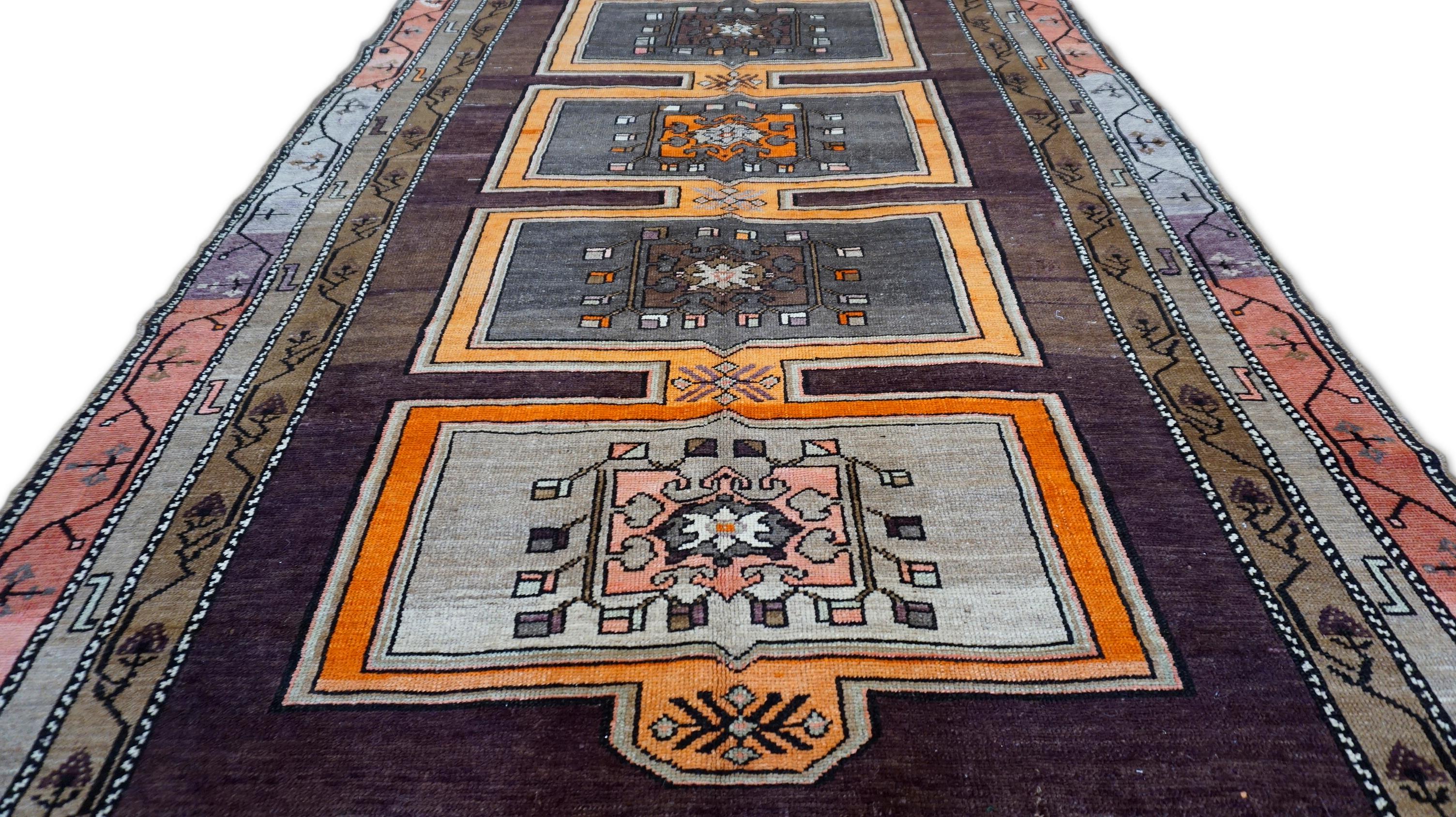 Turkish Anatolian Karapinar Brown and Orange Vintage Wool Rug 6'6''x13' For Sale
