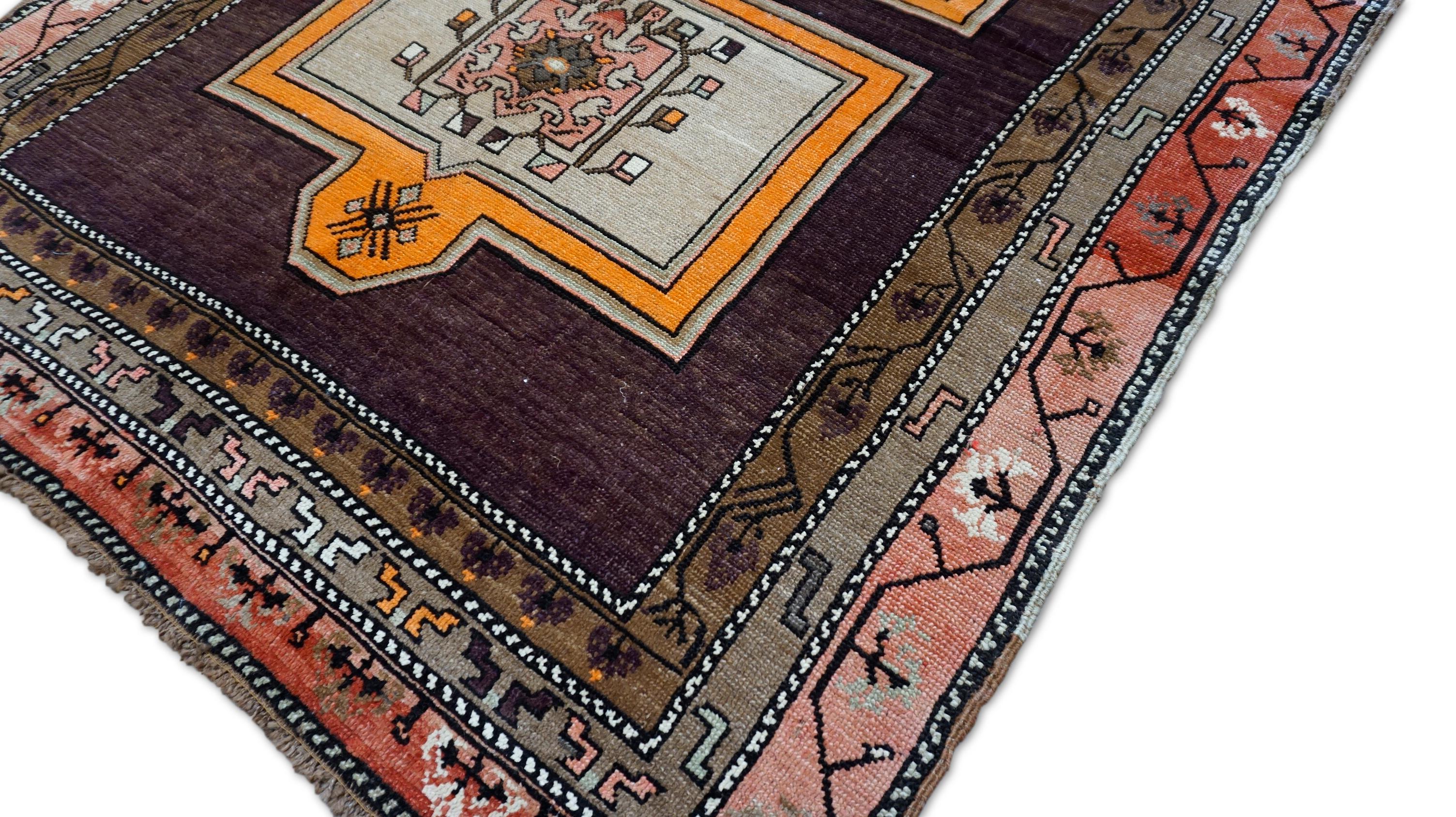 Hand-Knotted Anatolian Karapinar Brown and Orange Vintage Wool Rug 6'6''x13' For Sale